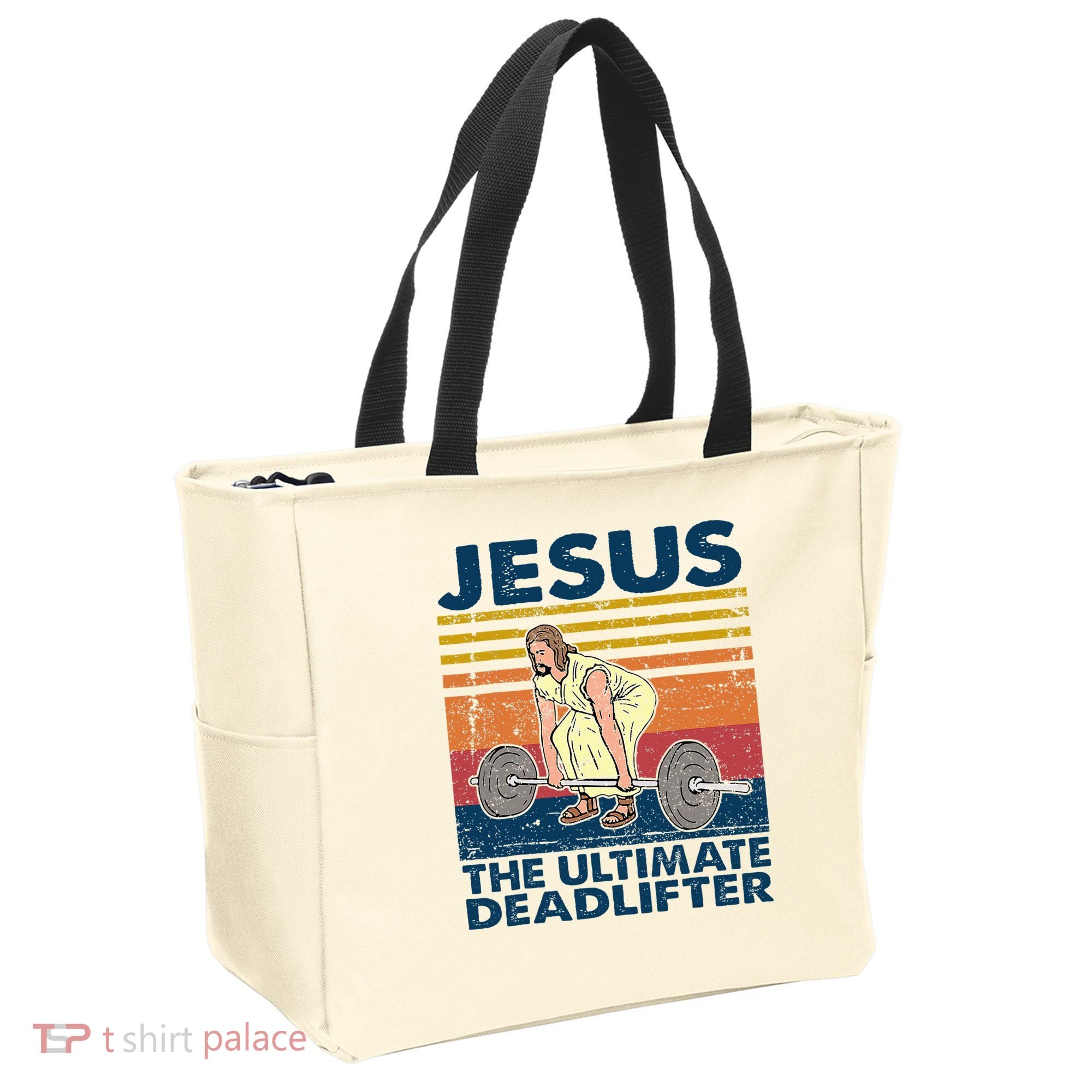 Jesus The Ultimate Deadlifter Funny Christian Gym Tote Bag