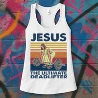 Jesus The Ultimate Deadlifter Funny Gym Bodybuliding Fitness Women's Tank Top thumb 3