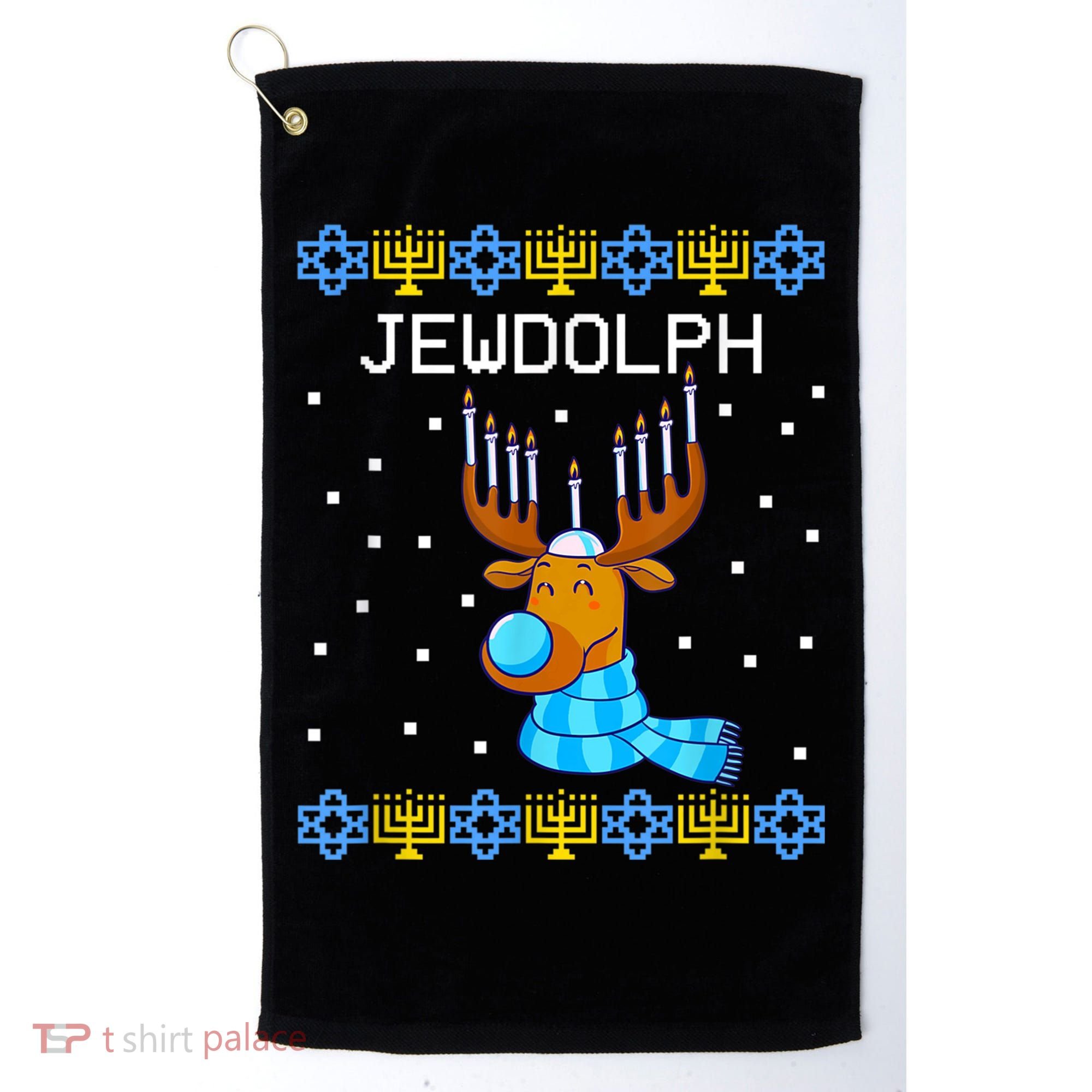 Jewdolph Ugly Hanukkah Sweater Reindeerorah Chanukah Golf Towel