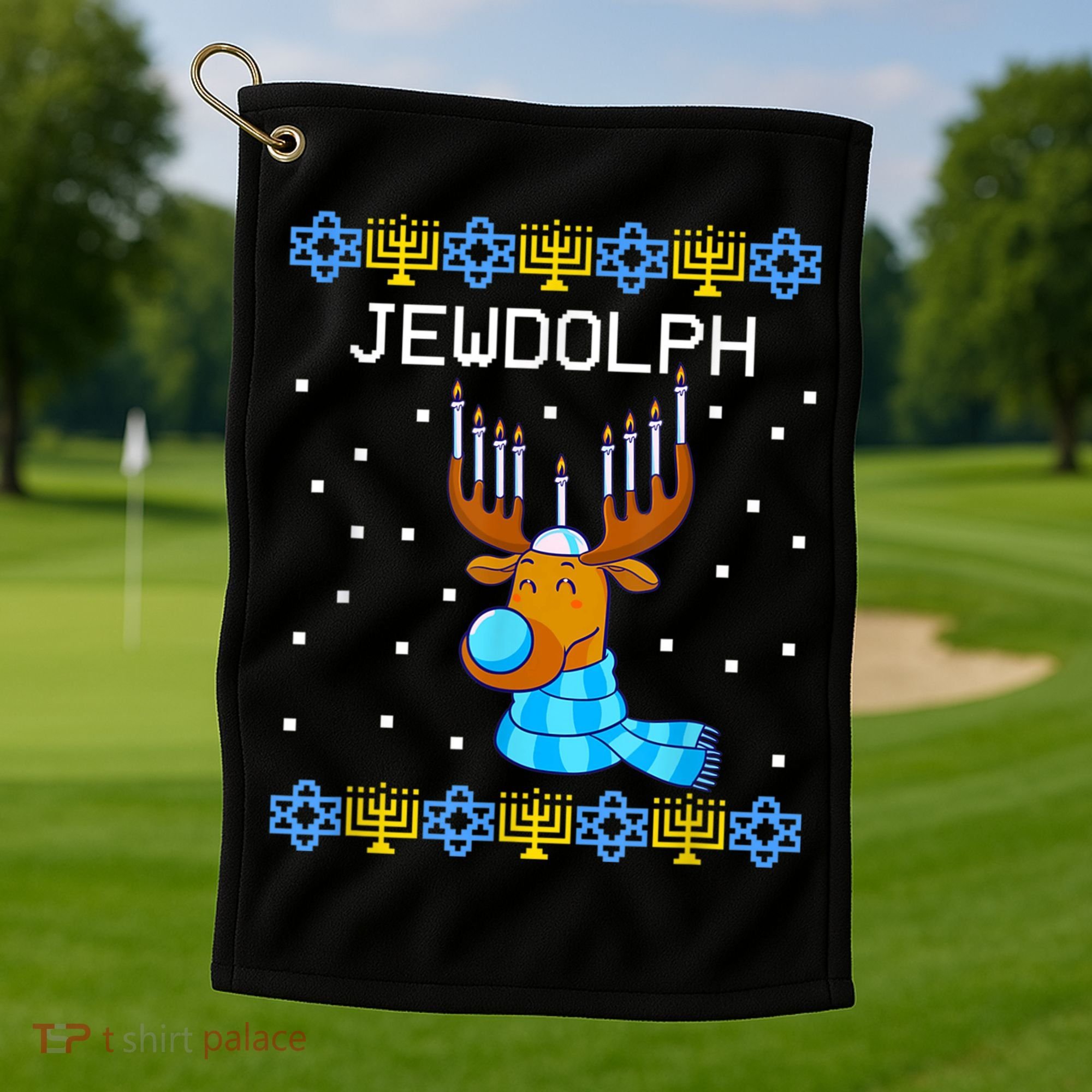 Jewdolph Ugly Hanukkah Sweater Reindeerorah Chanukah Golf Towel
