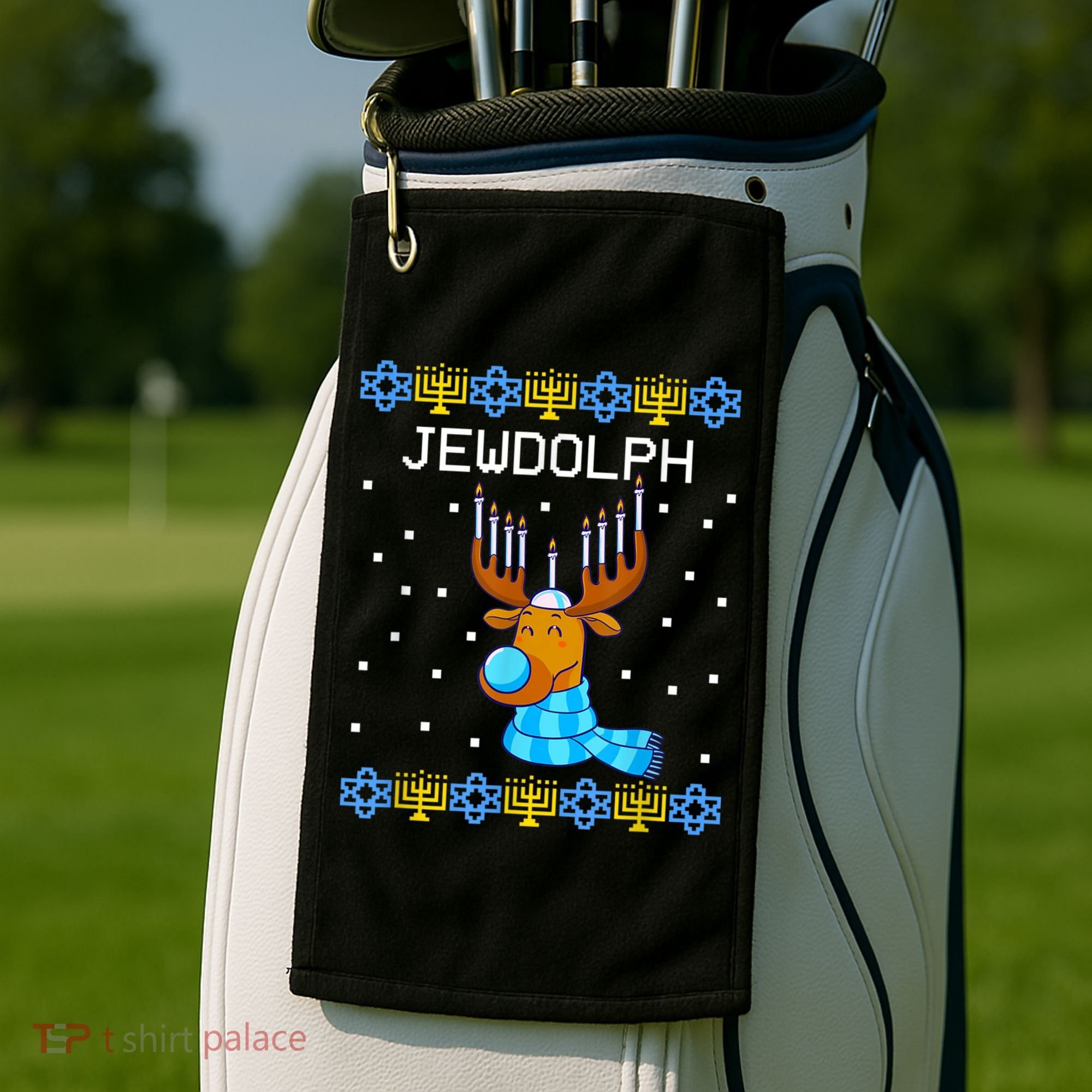 Jewdolph Ugly Hanukkah Sweater Reindeerorah Chanukah Golf Towel