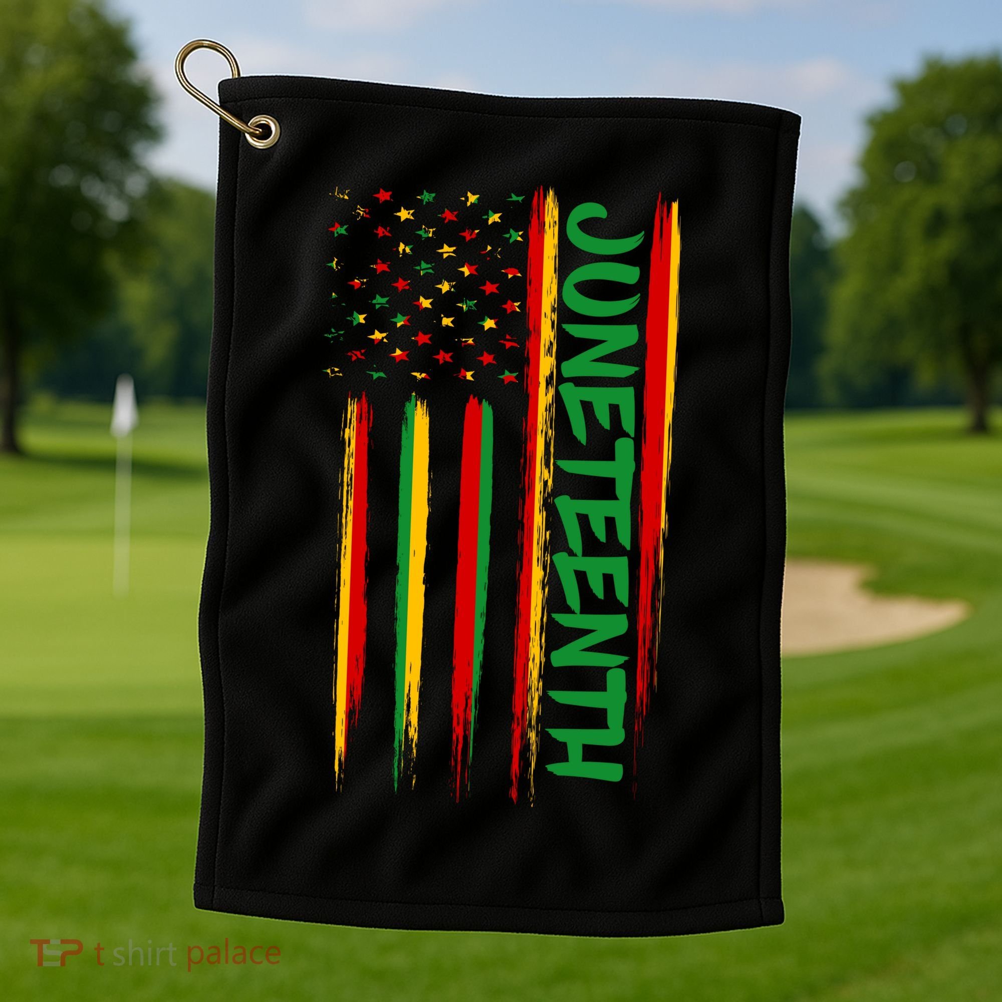 Juneteenth Red Gold Green USA Flag Golf Towel