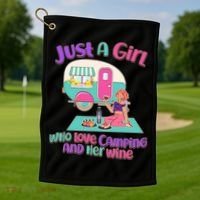 Just A Girl Who Love Camping And Her Wine Golf Towel thumb 1