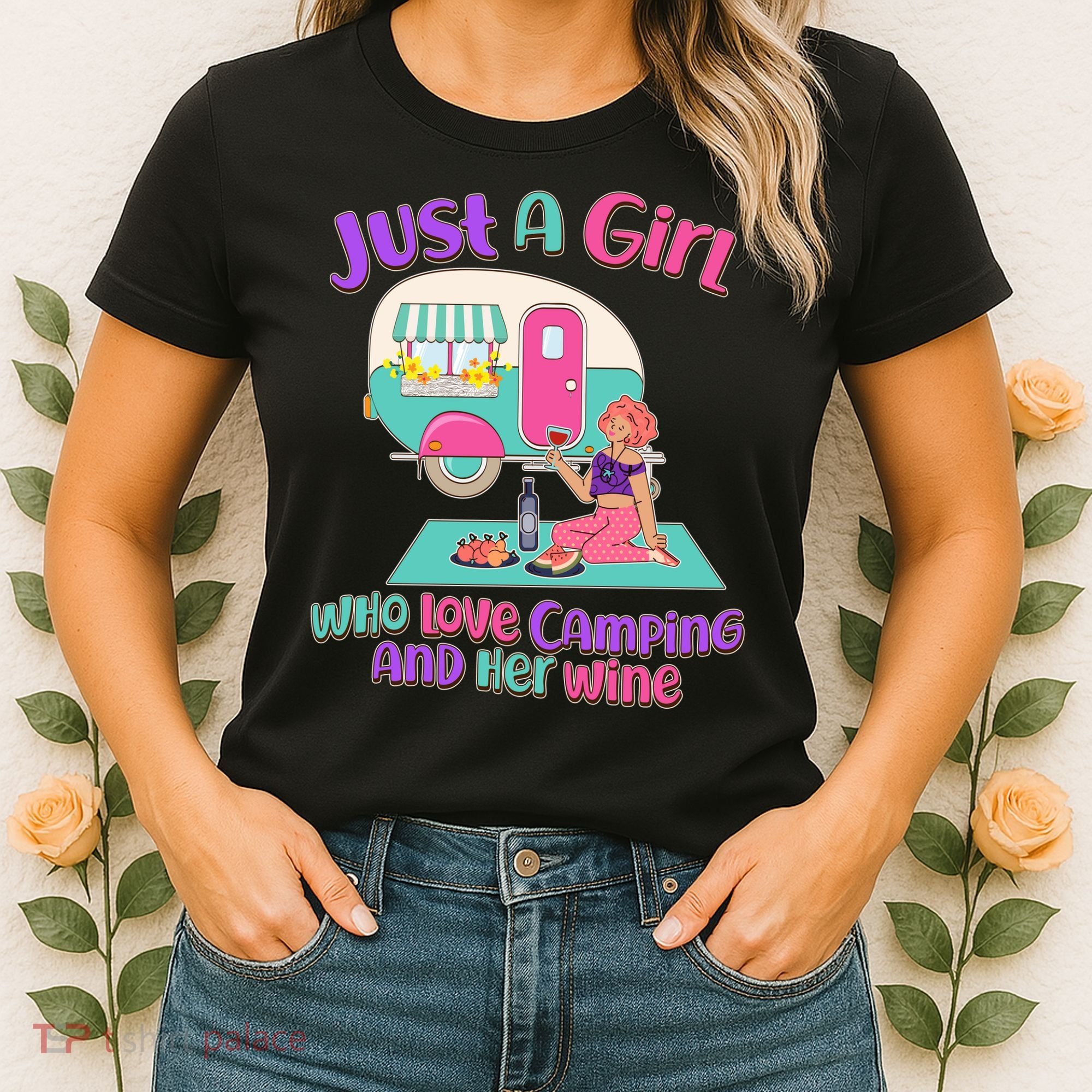Just A Girl Who Love Camping And Her Wine Women's T-Shirt