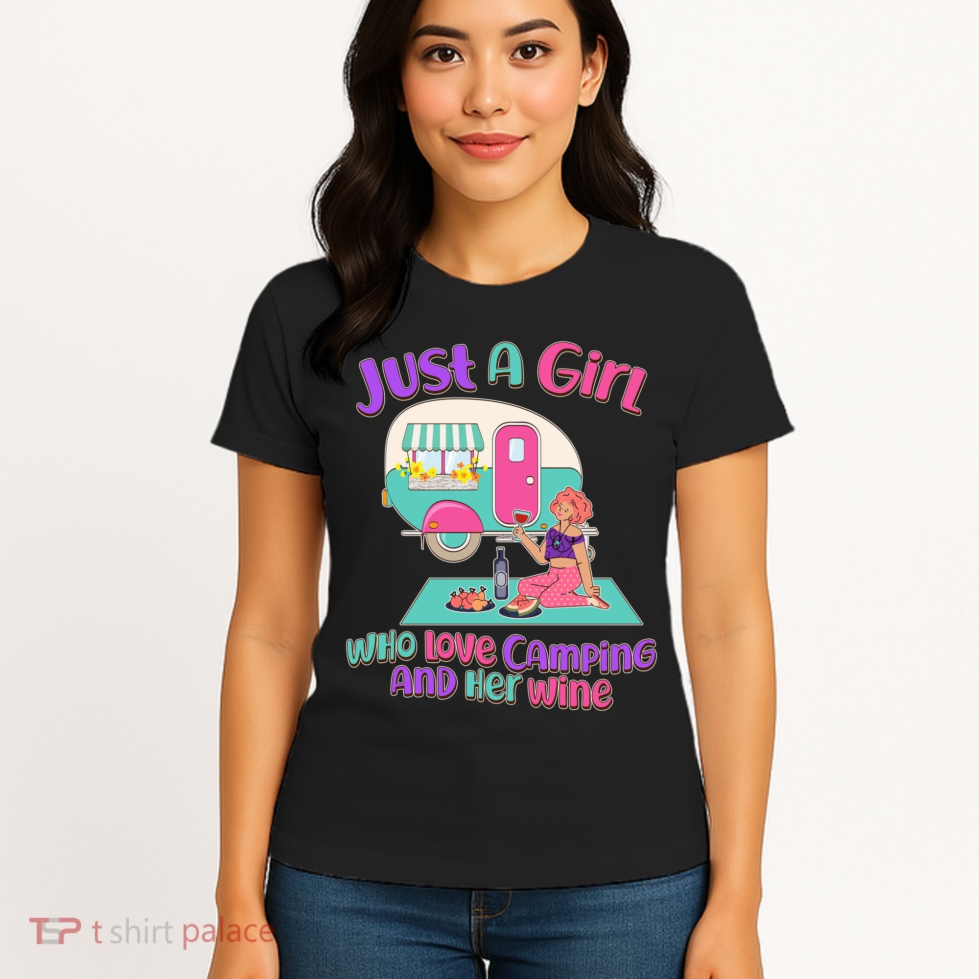 Just A Girl Who Love Camping And Her Wine Women's T-Shirt
