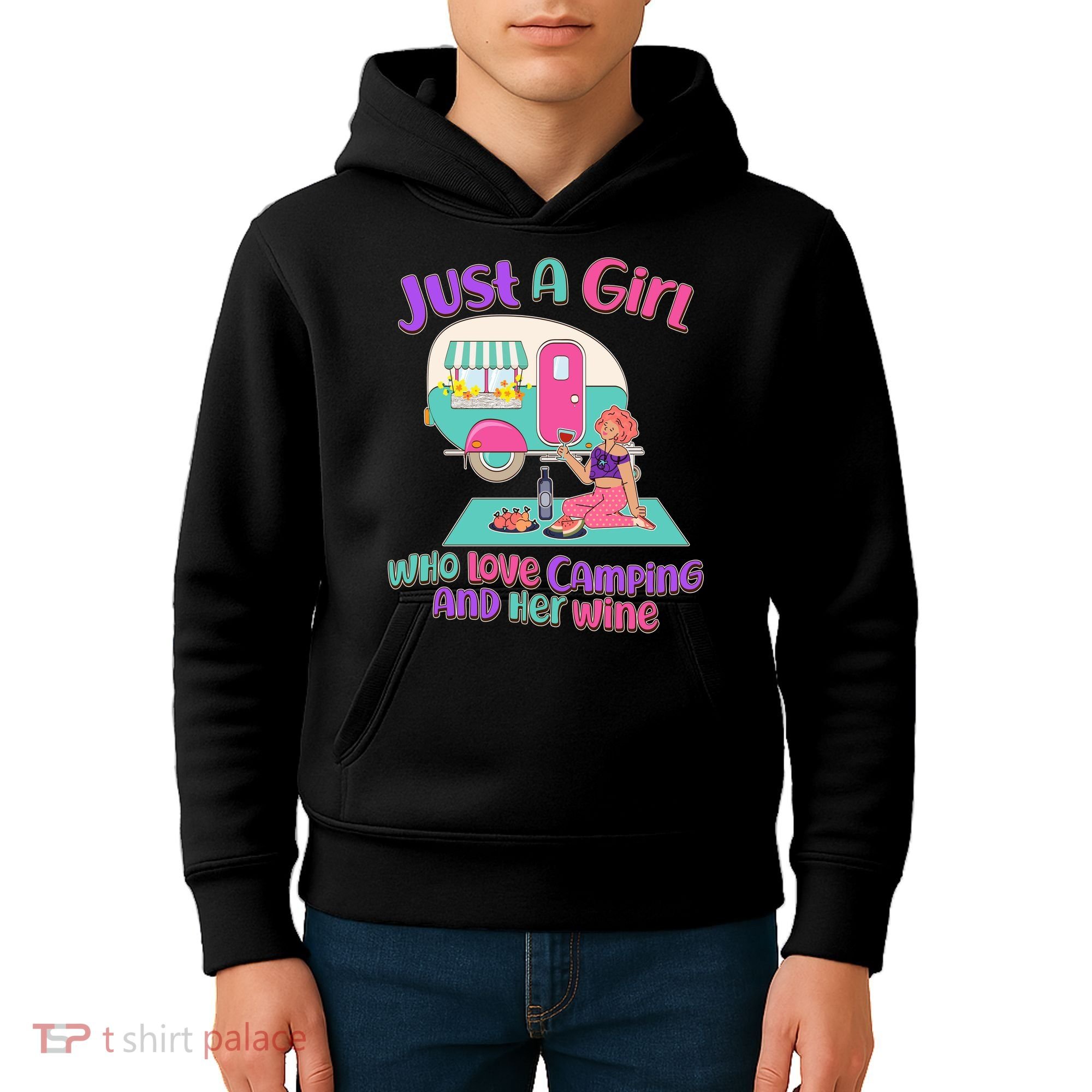 Just A Girl Who Love Camping And Her Wine Kids Hoodie