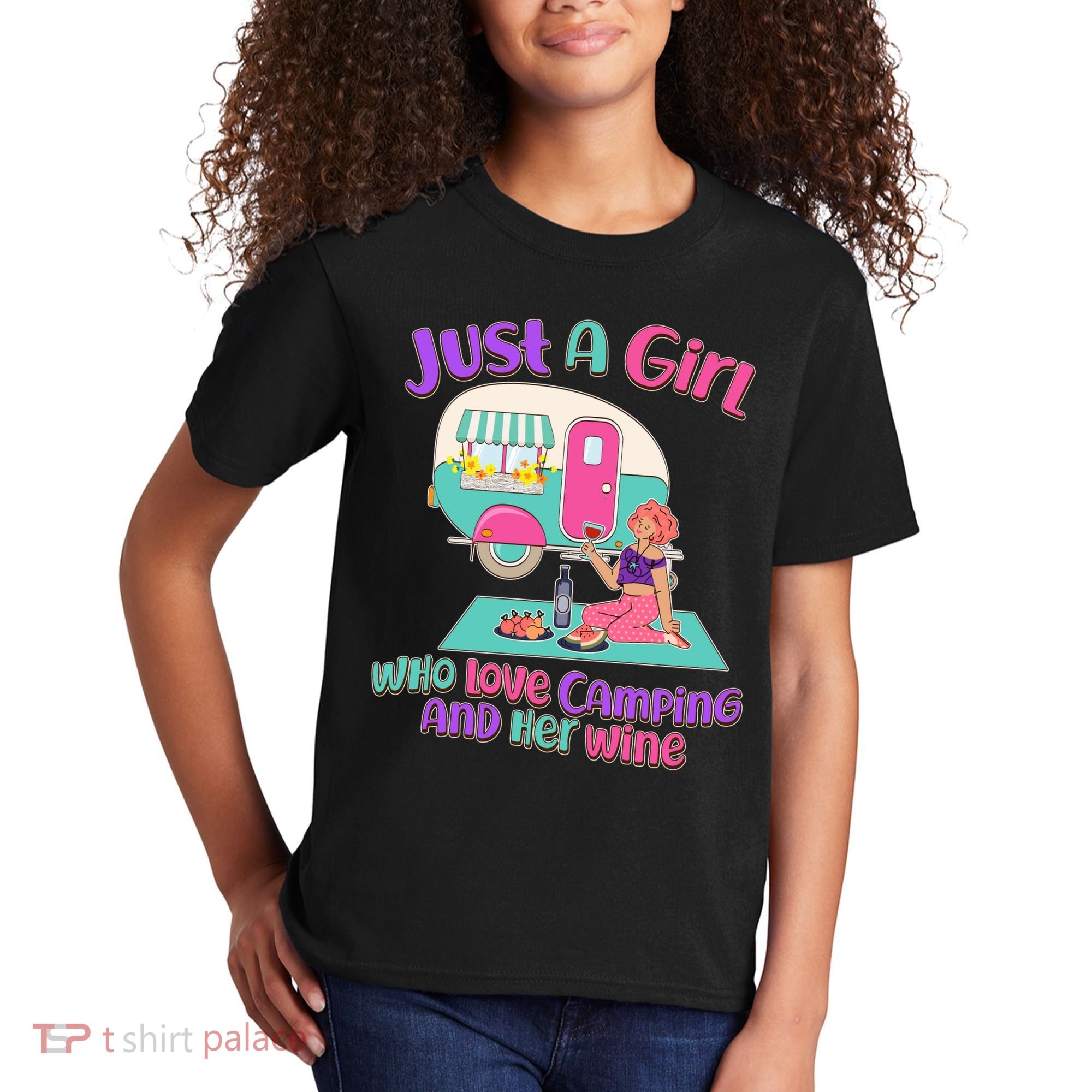 Just A Girl Who Love Camping And Her Wine Kids T-Shirt