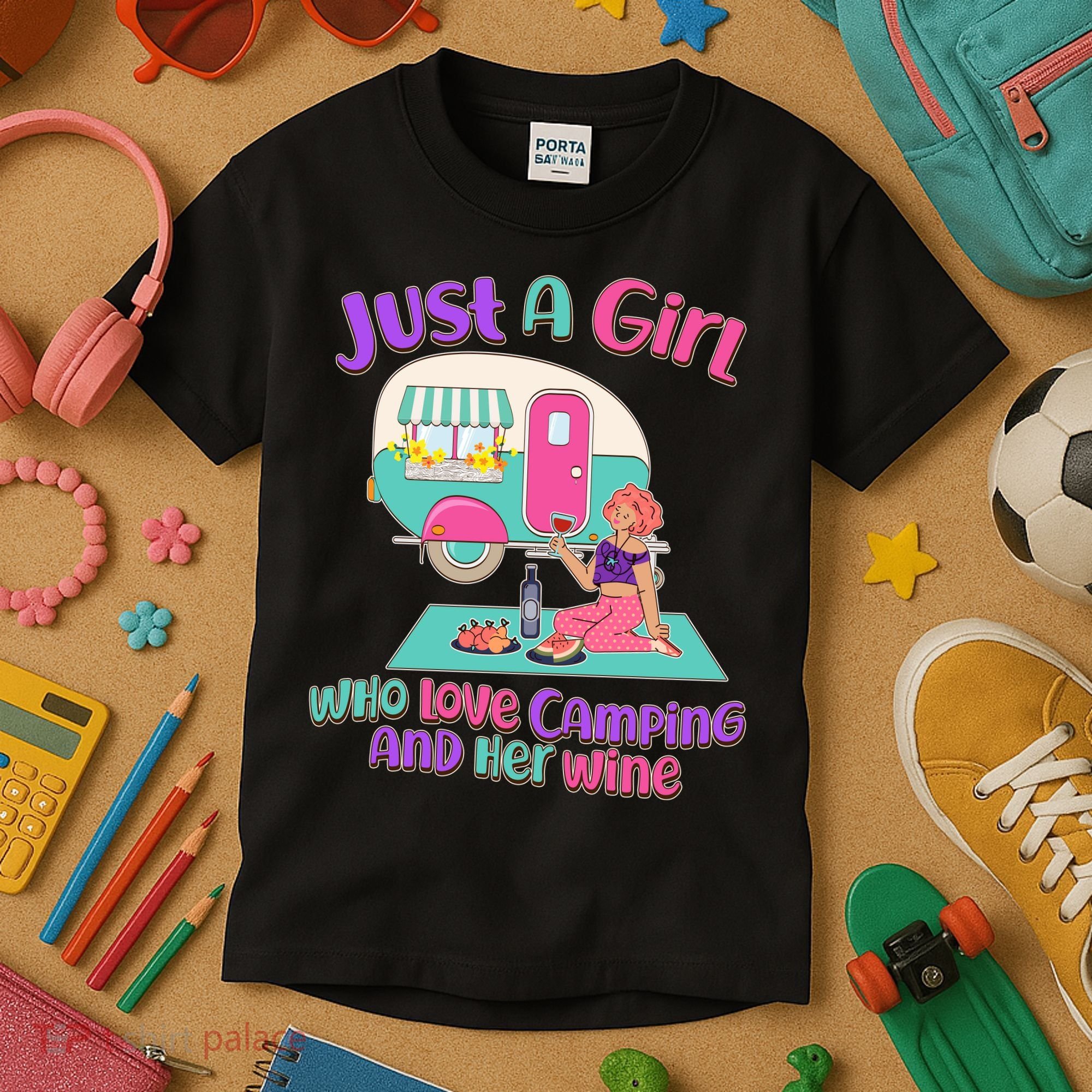 Just A Girl Who Love Camping And Her Wine Kids T-Shirt