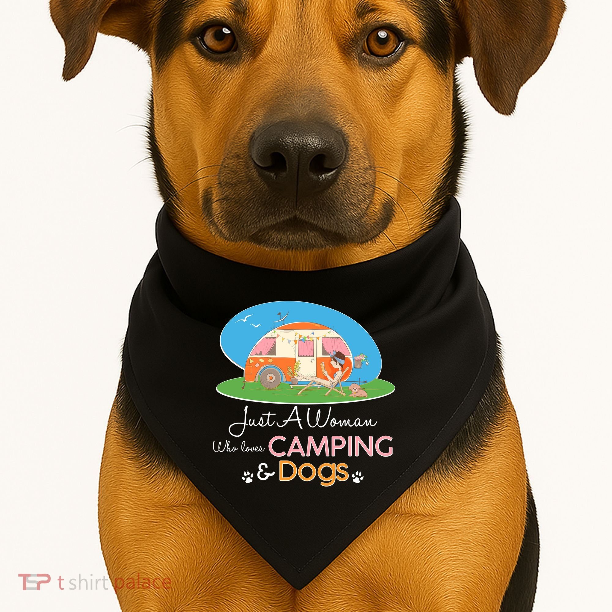 Just A Woman Who Loves Camping & Dogs USA-Made Doggie Bandana