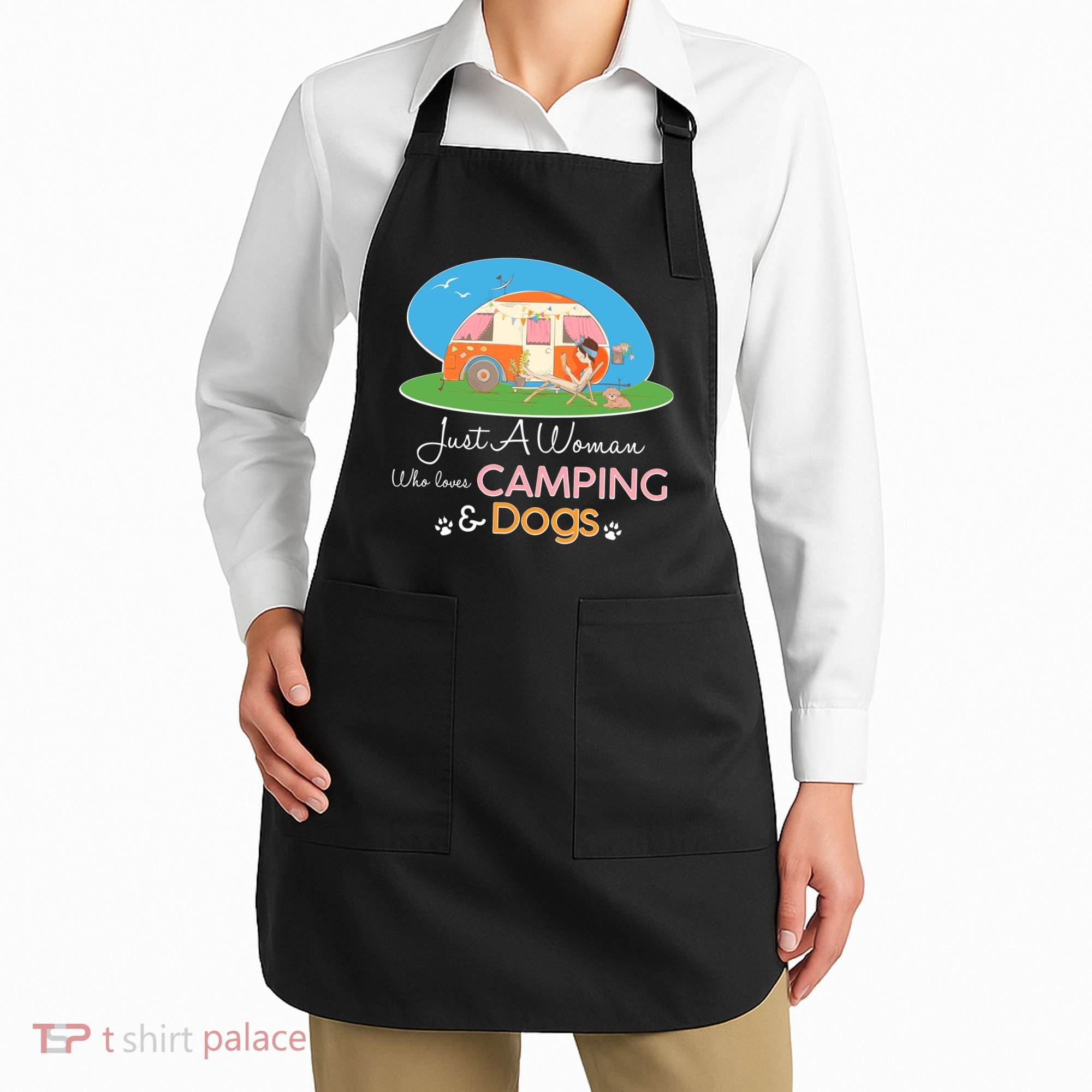 Just A Woman Who Loves Camping & Dogs Apron