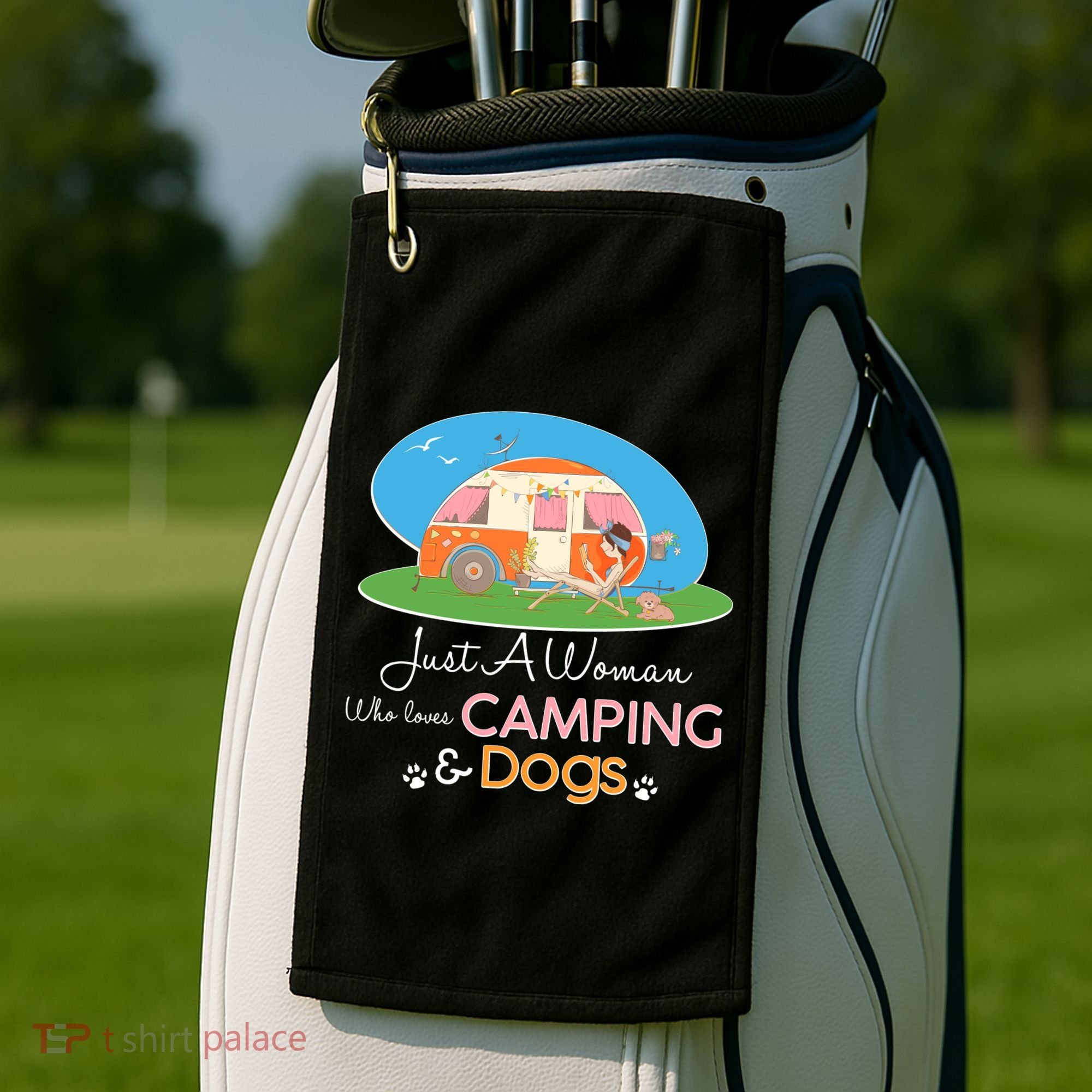 Just A Woman Who Loves Camping & Dogs Golf Towel