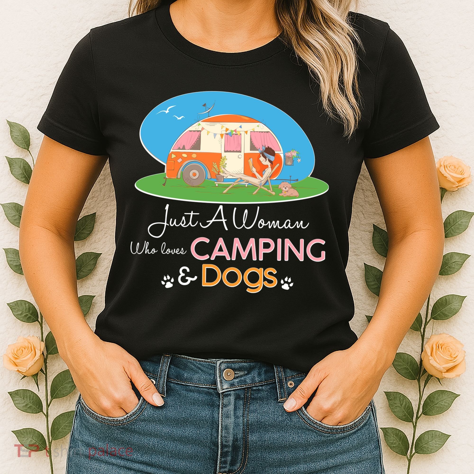 Just A Woman Who Loves Camping & Dogs Women's T-Shirt