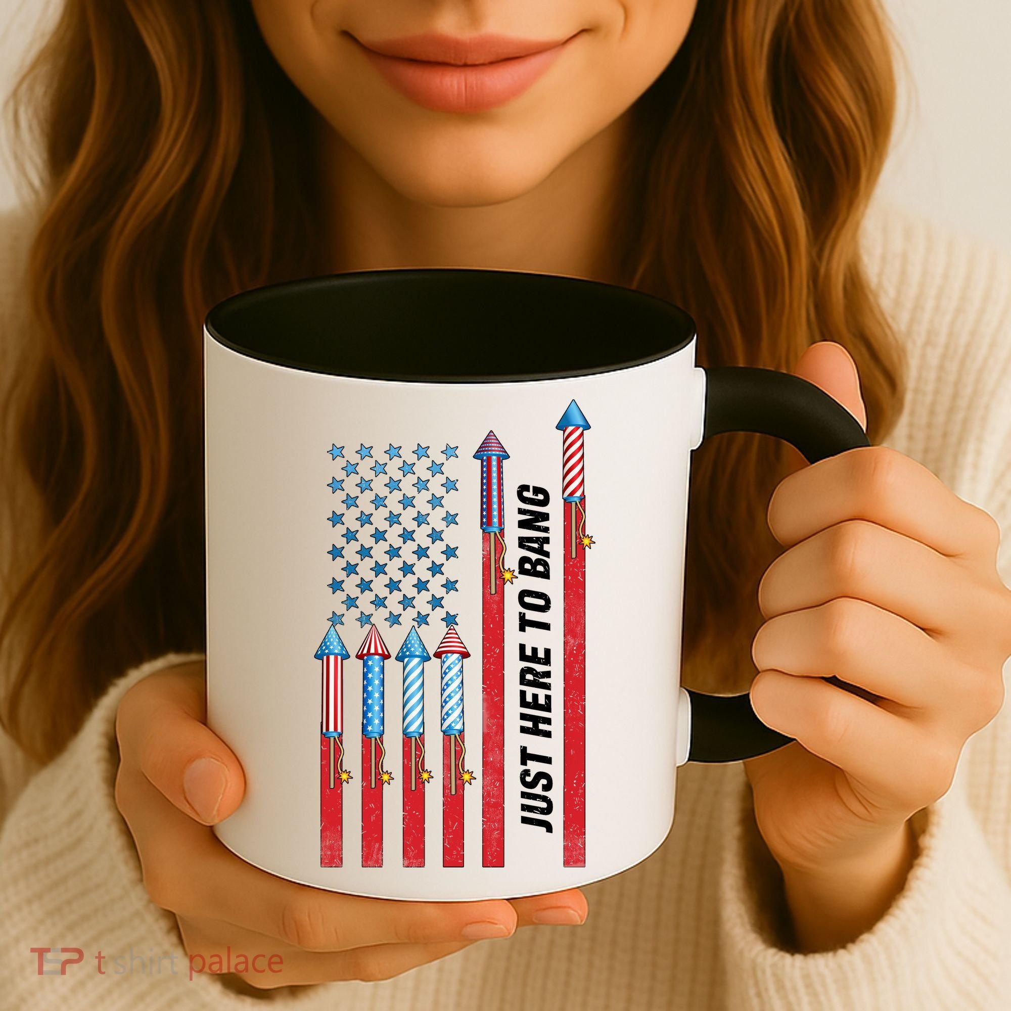 Just Here To Bang American Flag Fireworks Coffee Mug