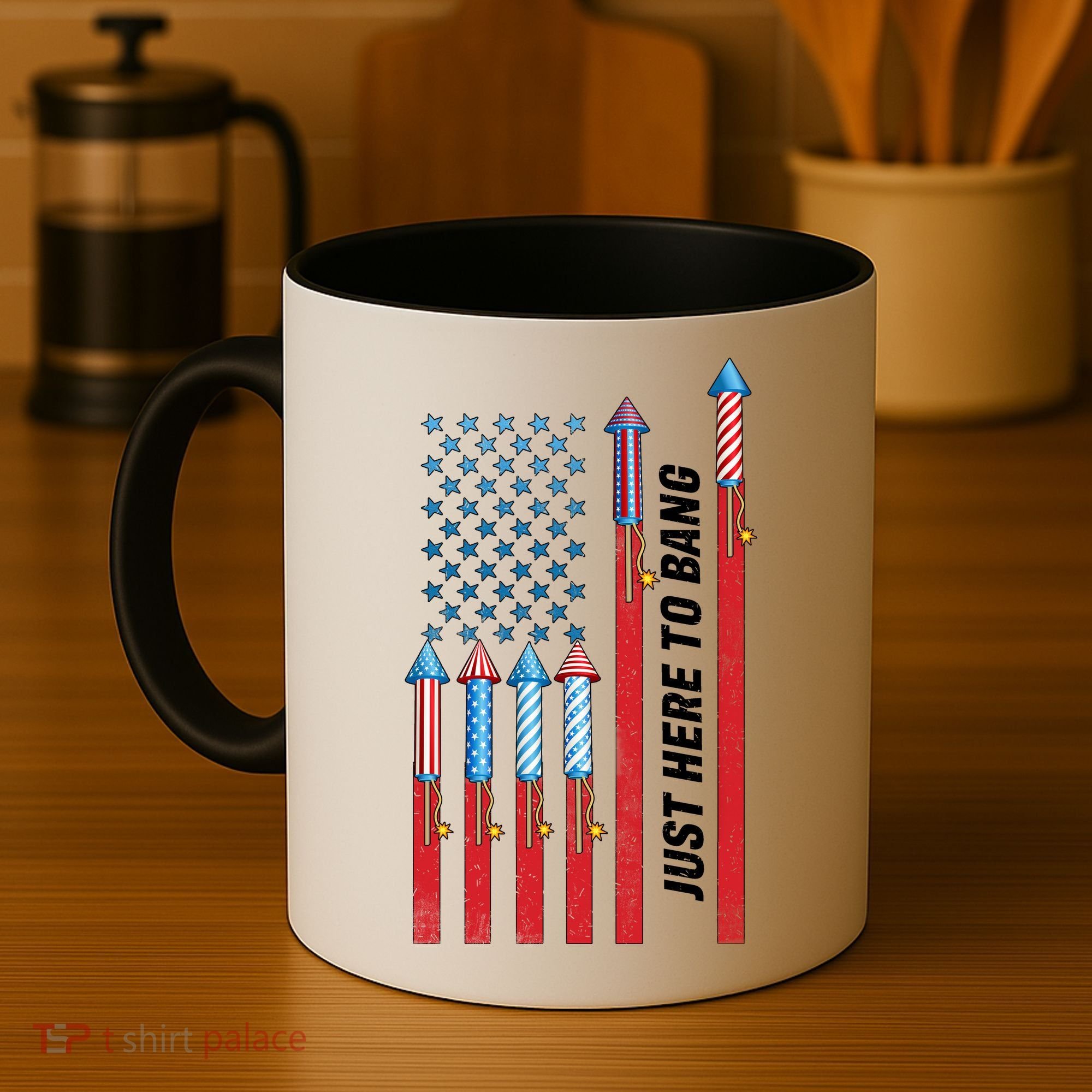 Just Here To Bang American Flag Fireworks Coffee Mug