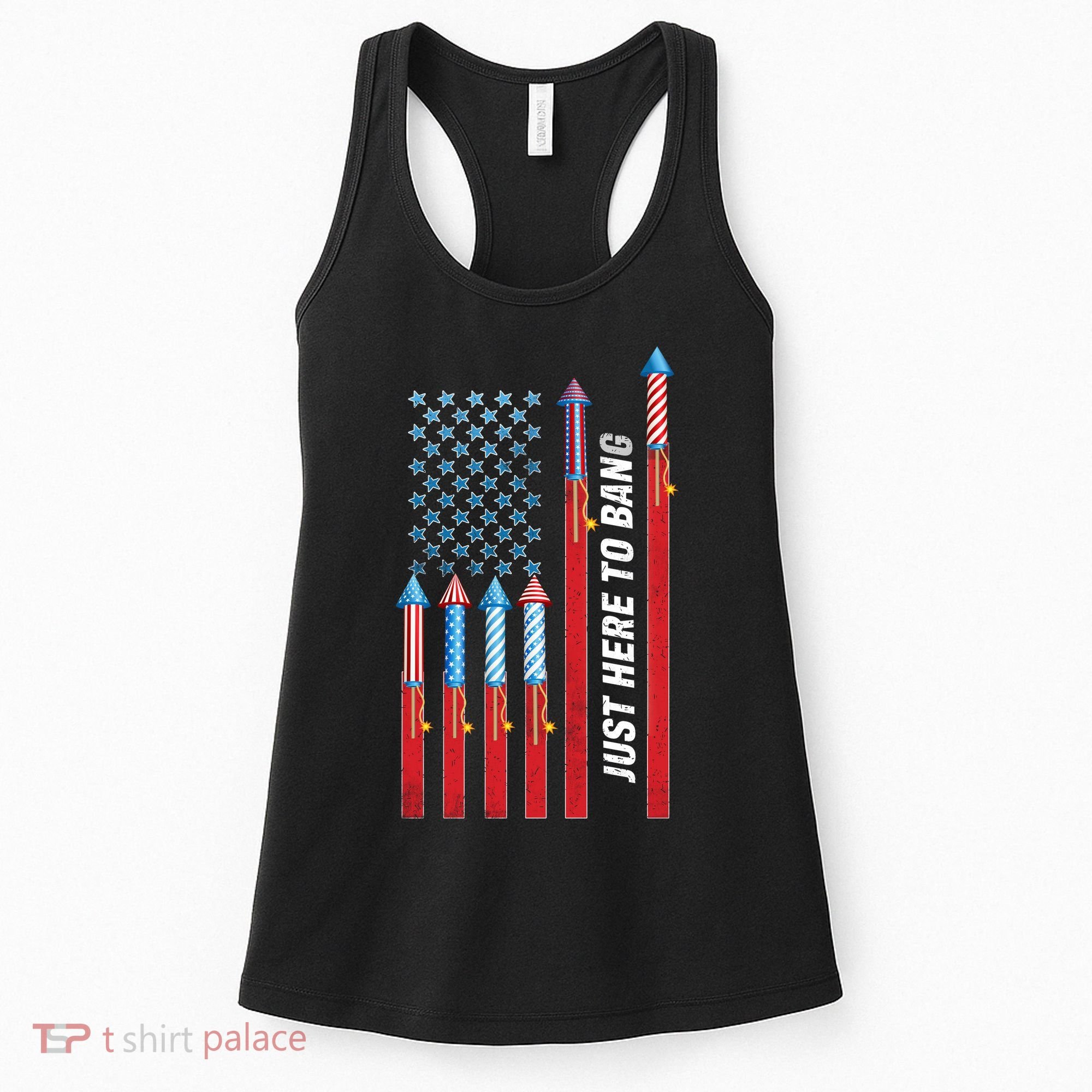 Just Here To Bang American Flag Fireworks Women's Tank Top