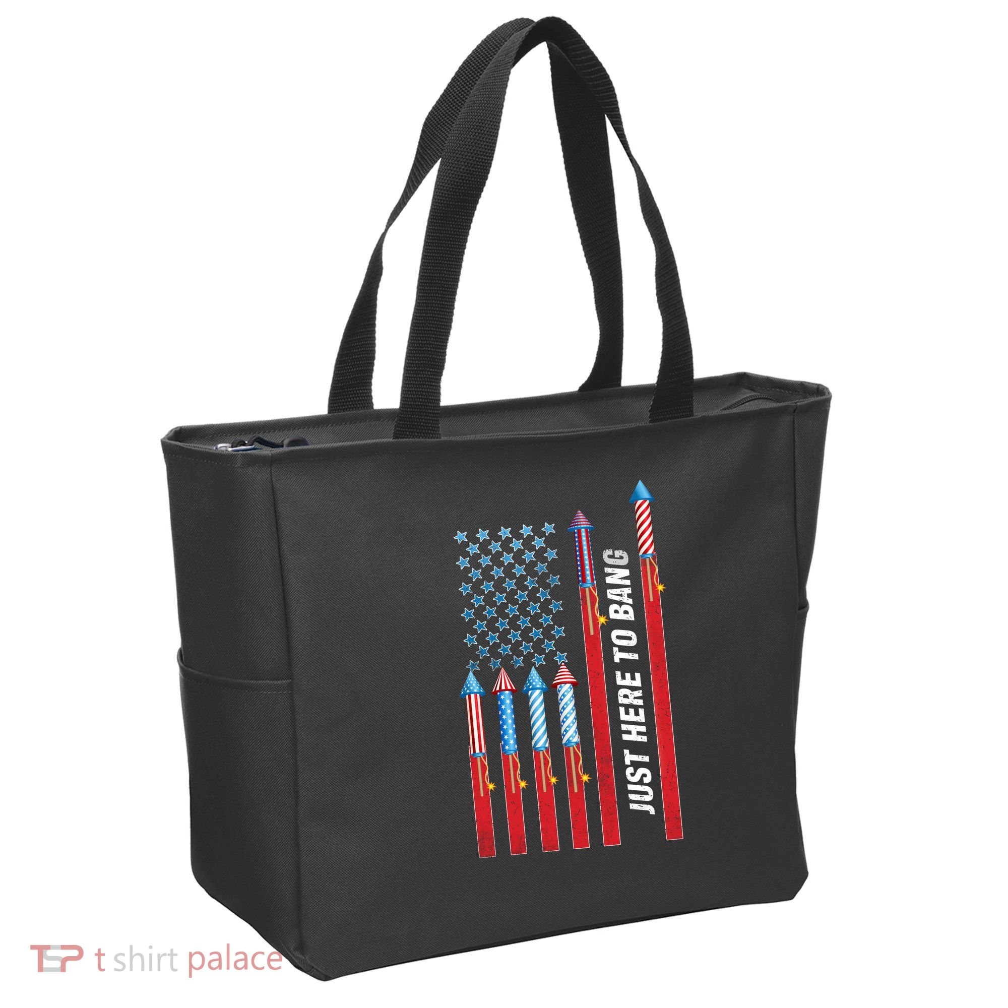 Just Here To Bang American Flag Fireworks Tote Bag