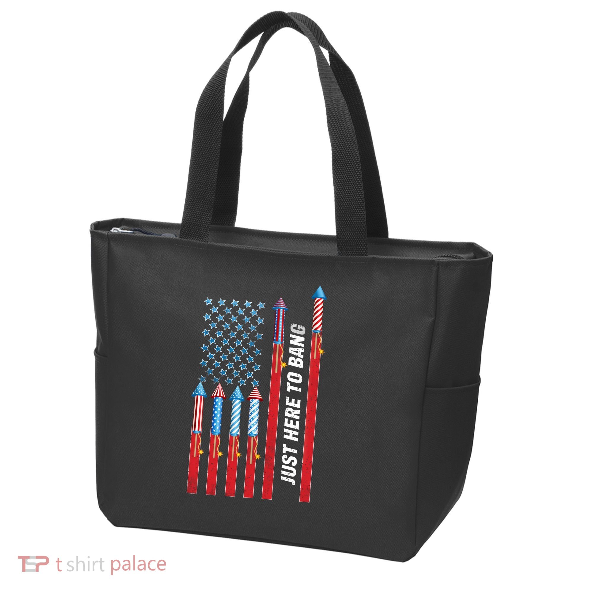 Just Here To Bang American Flag Fireworks Tote Bag
