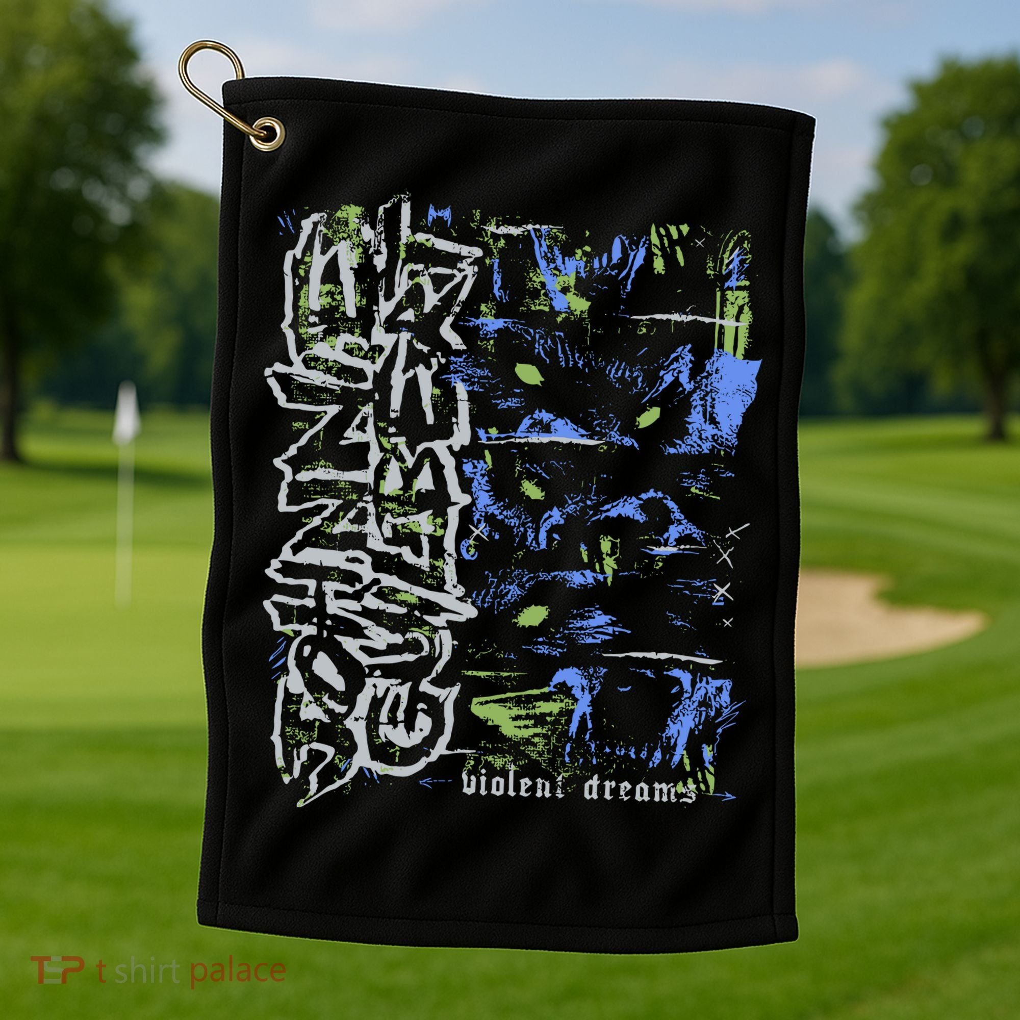 Johnnieguilbert Violent Dream Wolf Blue Green Golf Towel