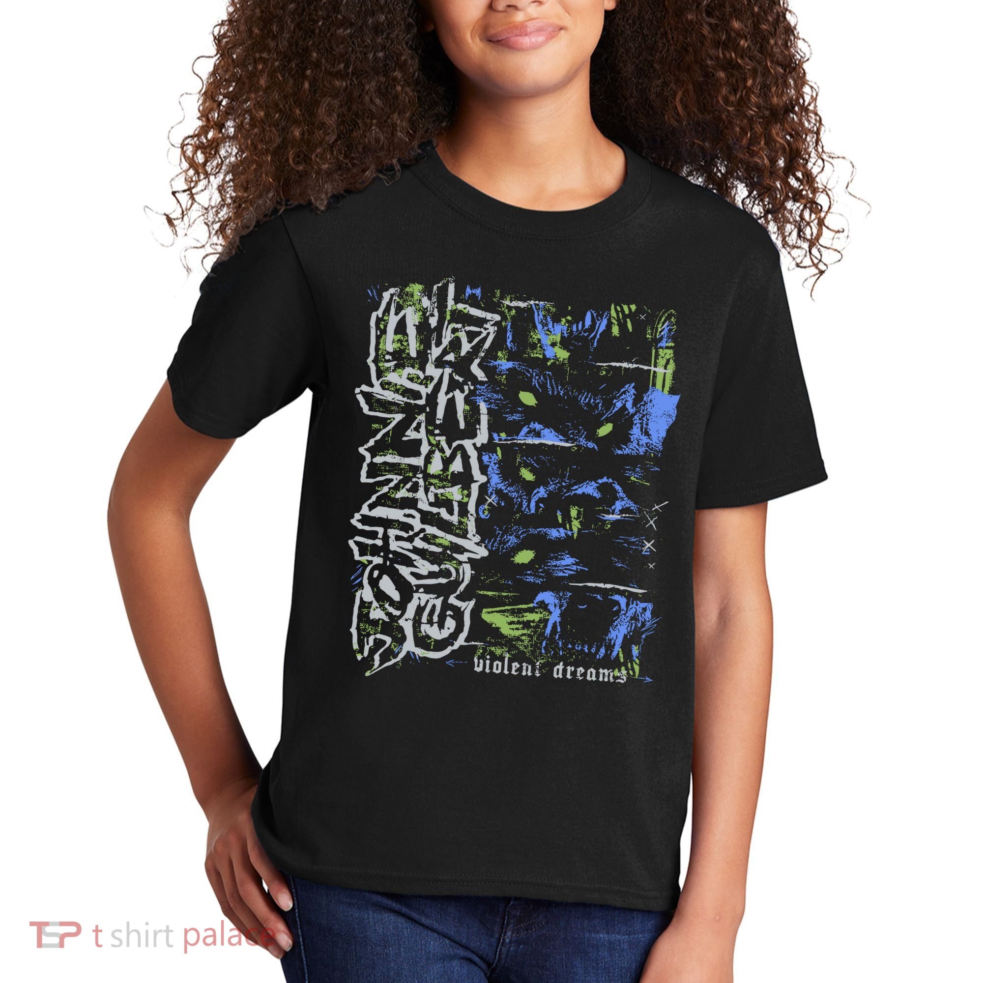 Johnnieguilbert Violent Dream Wolf Blue Green Kids T-Shirt