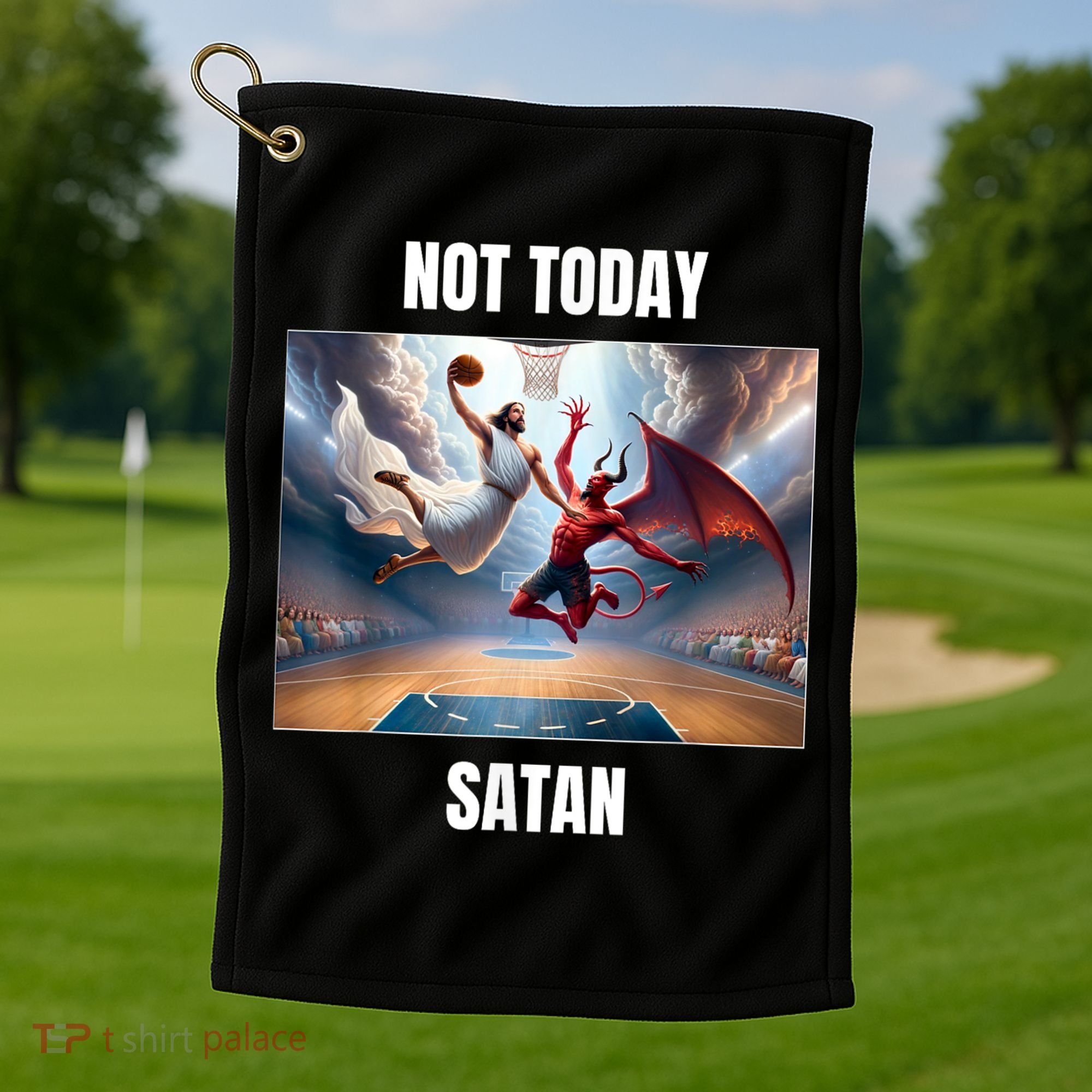 Jesus Vs Satan Playing Basketball Not Today Satan Golf Towel