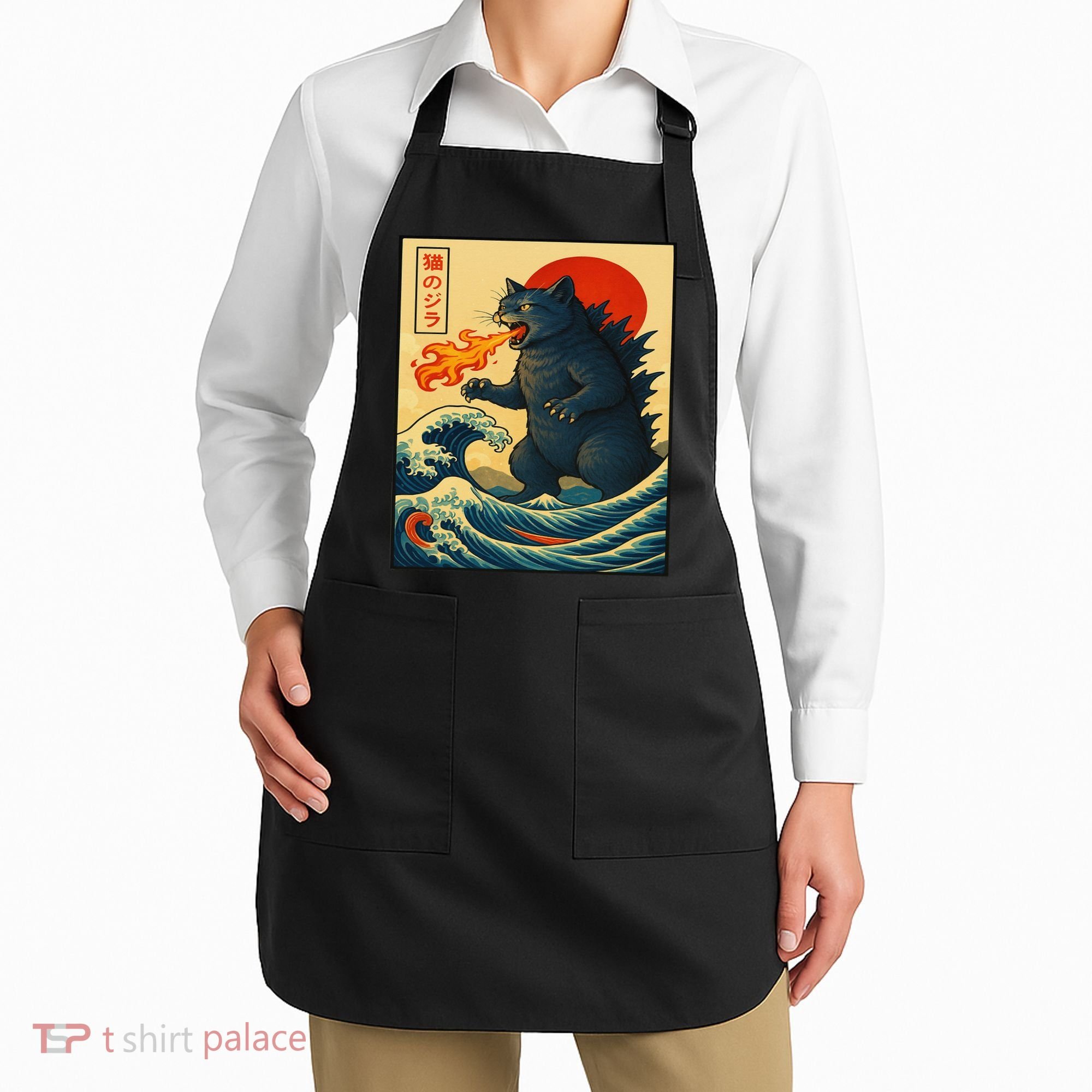 Japan Wave Catzilla Fire Cat Funny Gifts For Women Apron