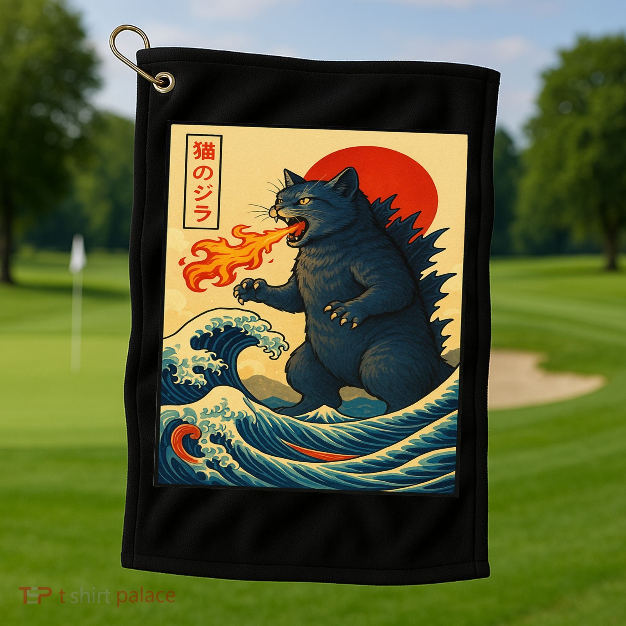 Japan Wave Catzilla Fire Cat Funny Gifts For Women Golf Towel