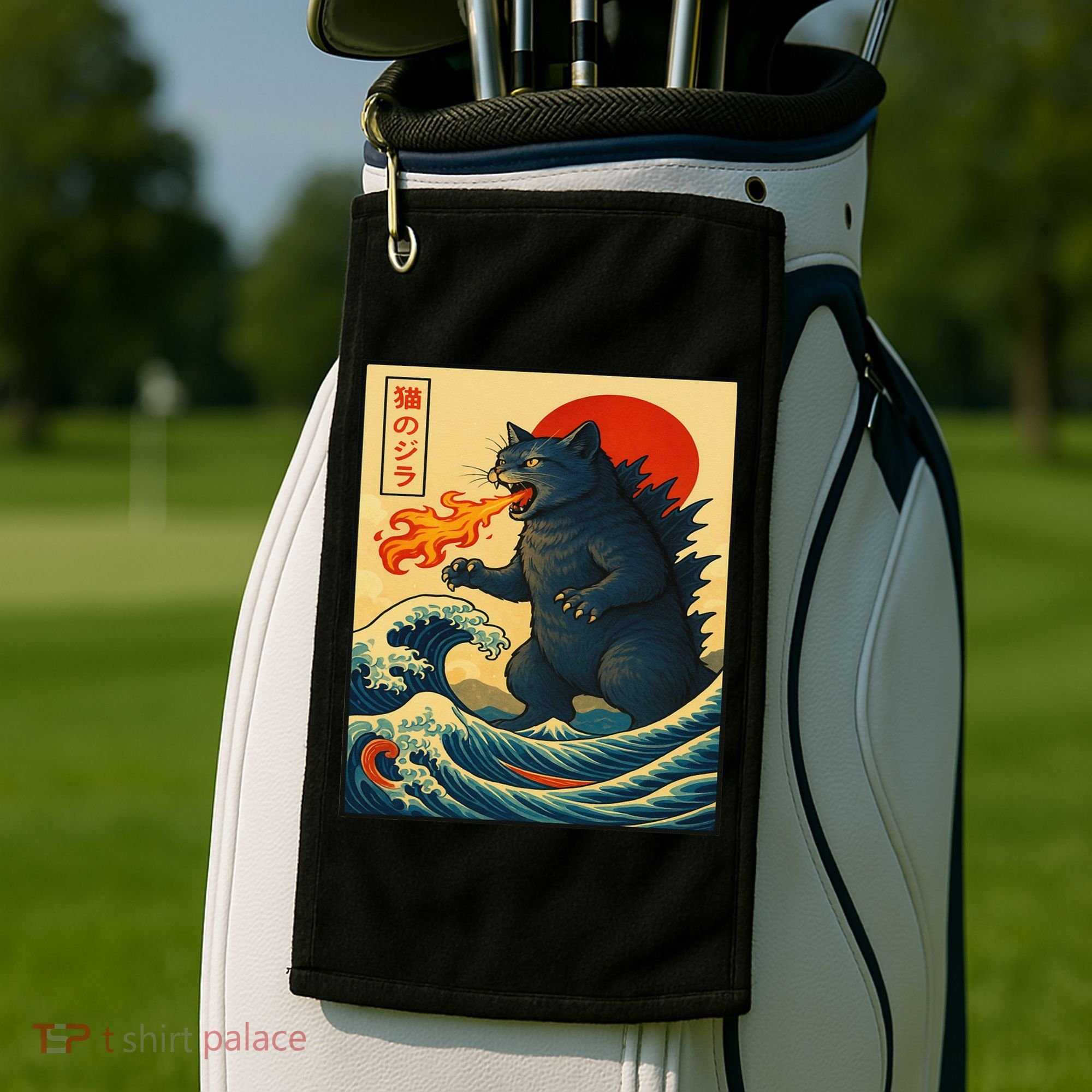 Japan Wave Catzilla Fire Cat Funny Gifts For Women Golf Towel