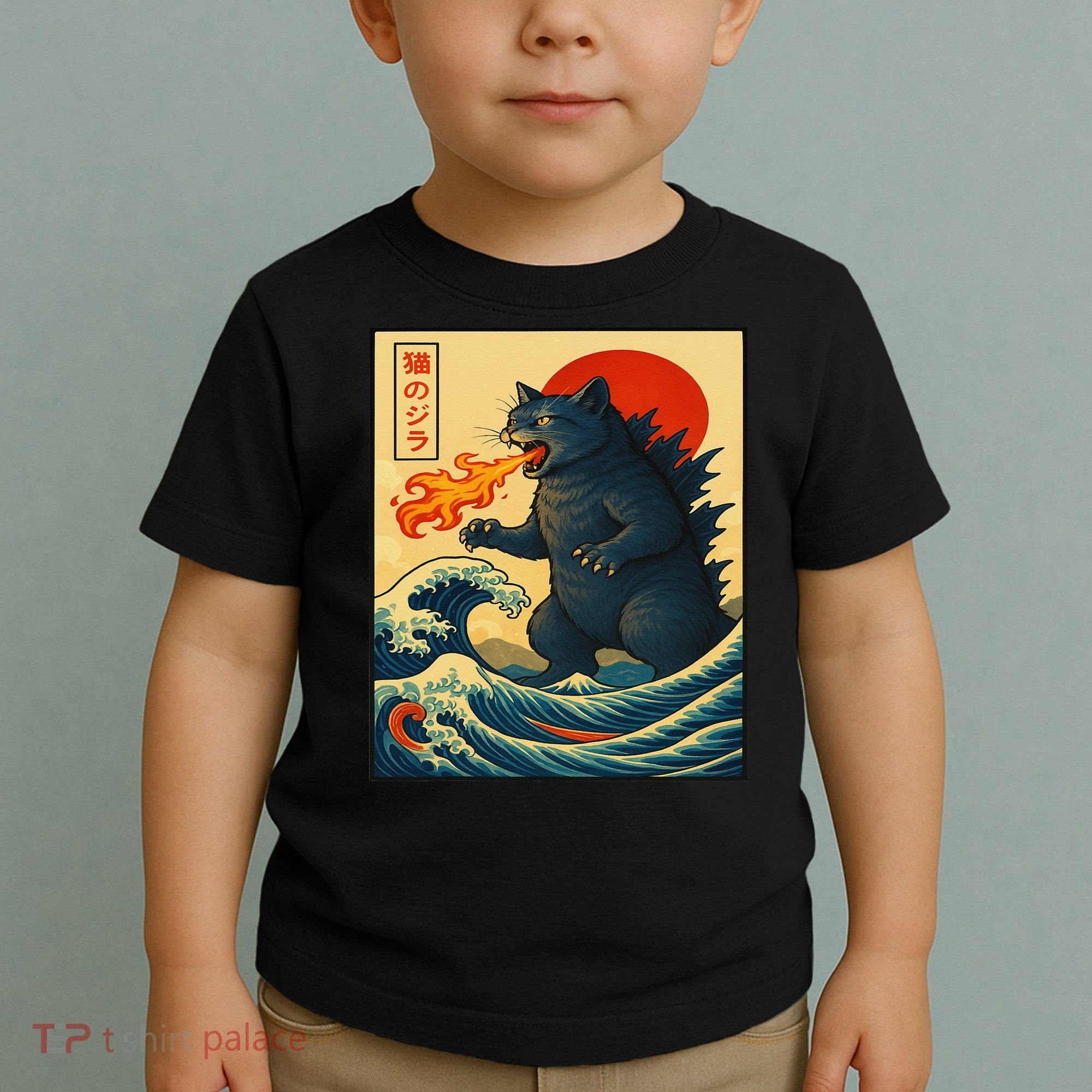 Japan Wave Catzilla Fire Cat Funny Gifts For Women Toddler T-Shirt
