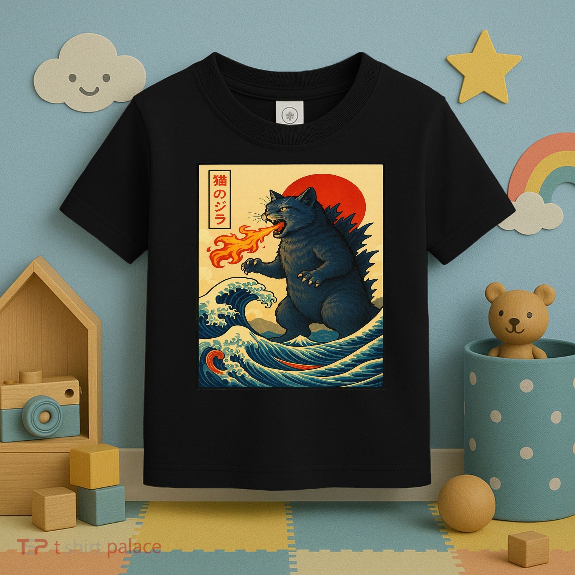 Japan Wave Catzilla Fire Cat Funny Gifts For Women Toddler T-Shirt