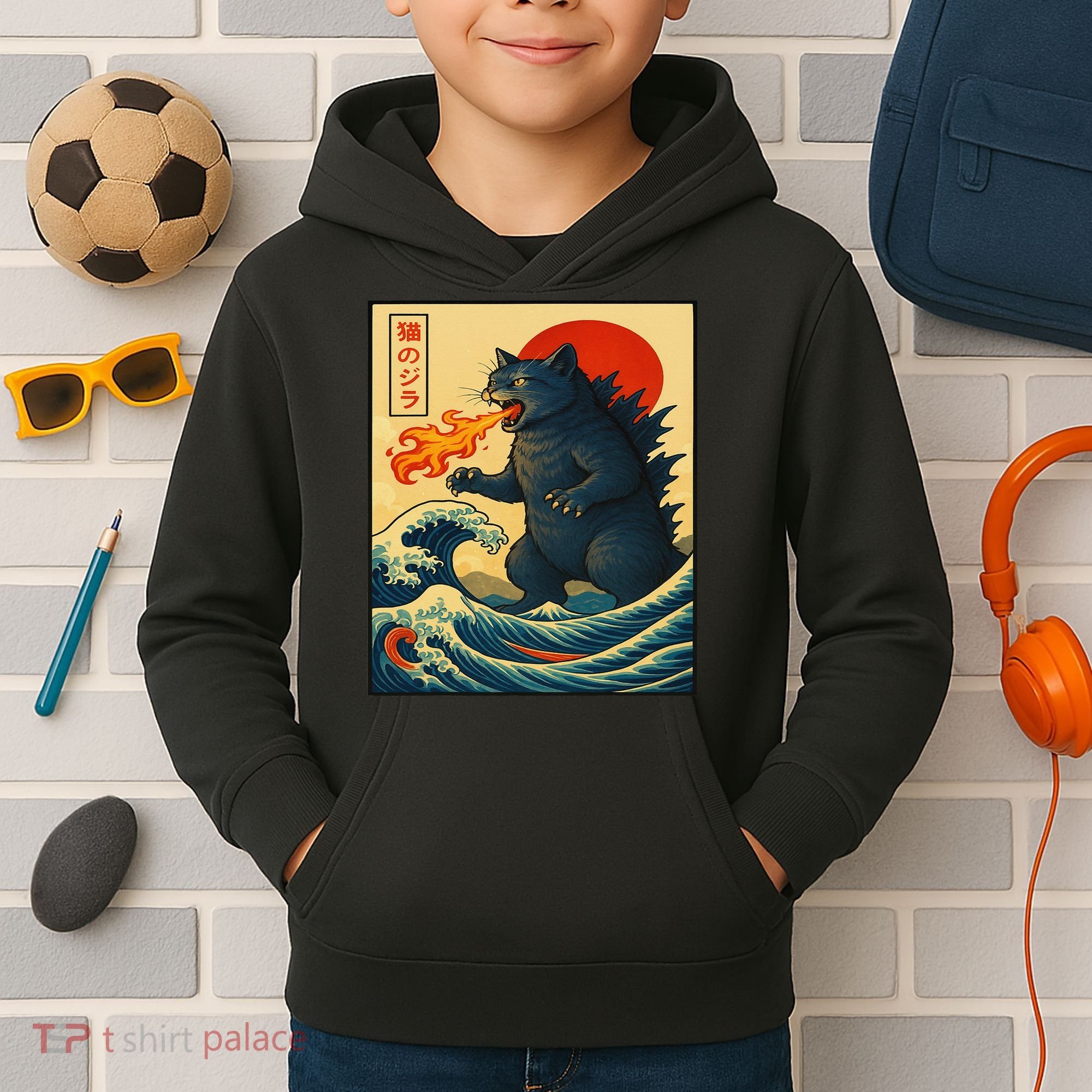 Japan Wave Catzilla Fire Cat Funny Gifts For Women Kids Hoodie