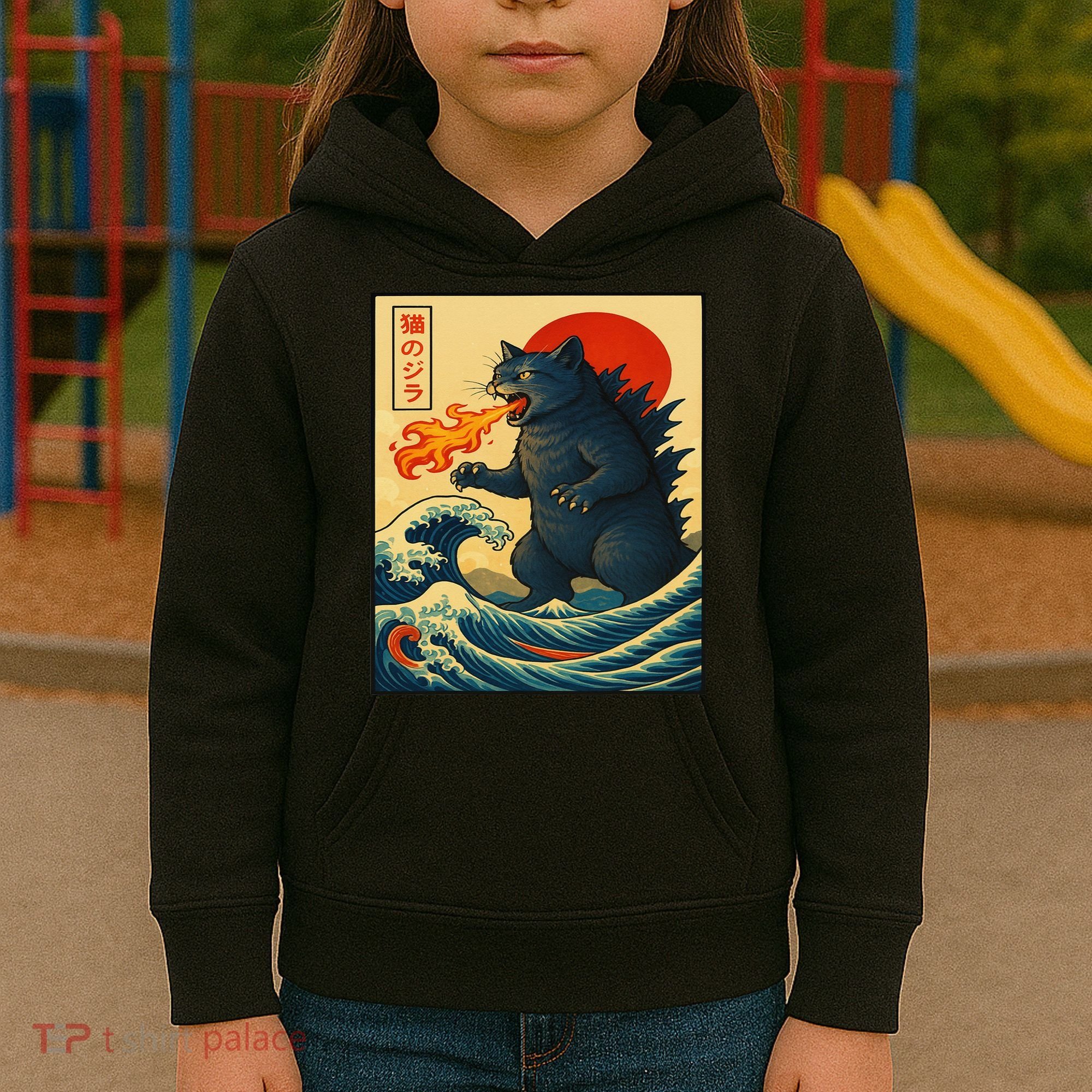 Japan Wave Catzilla Fire Cat Funny Gifts For Women Kids Hoodie