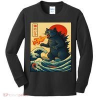 Japan Wave Catzilla Fire Cat Funny Gifts For Women Kids Long Sleeve Shirt thumb 0