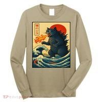 Japan Wave Catzilla Fire Cat Funny Gifts For Women Long Sleeve Shirt thumb 0