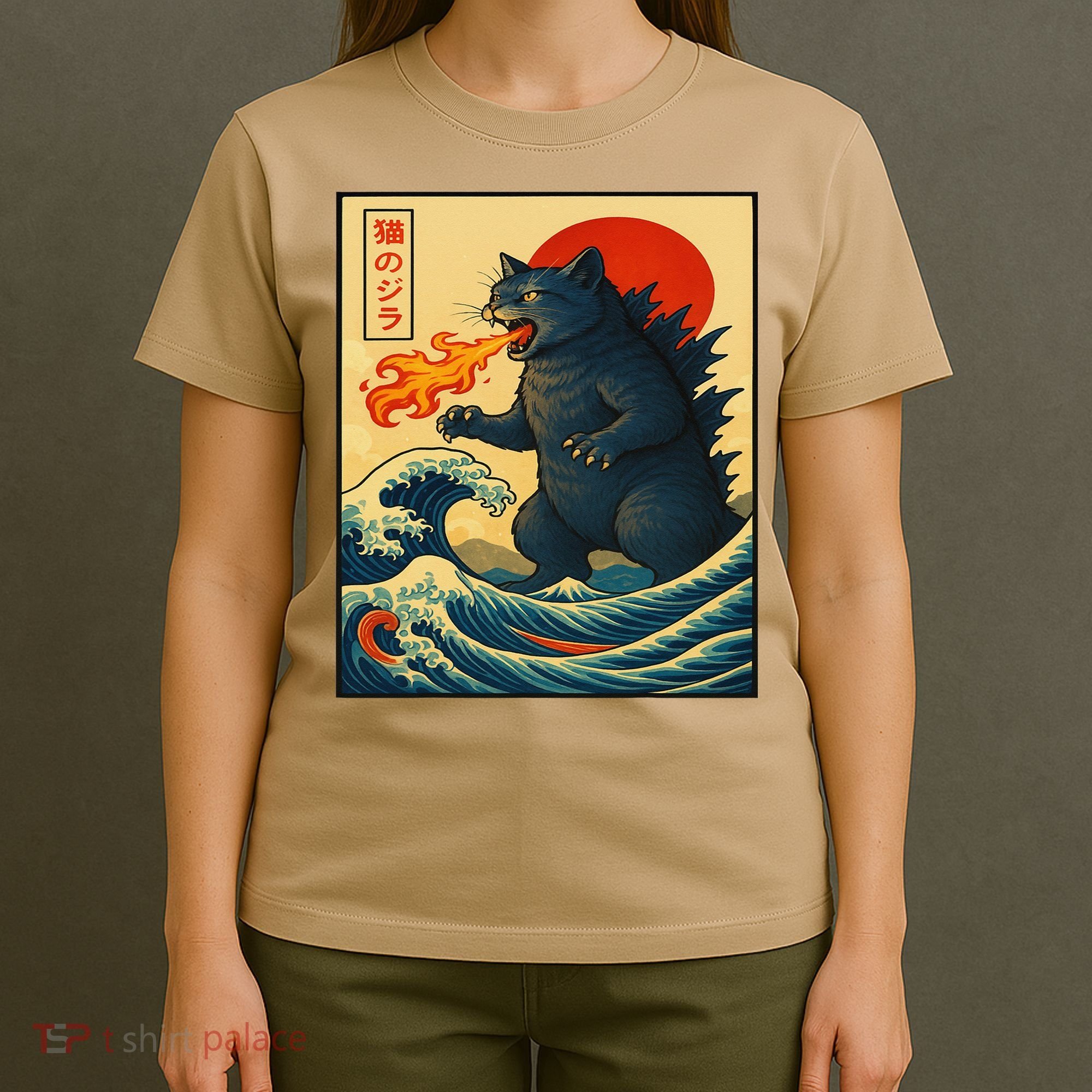 Japan Wave Catzilla Fire Cat Funny Gifts For Women T-Shirt