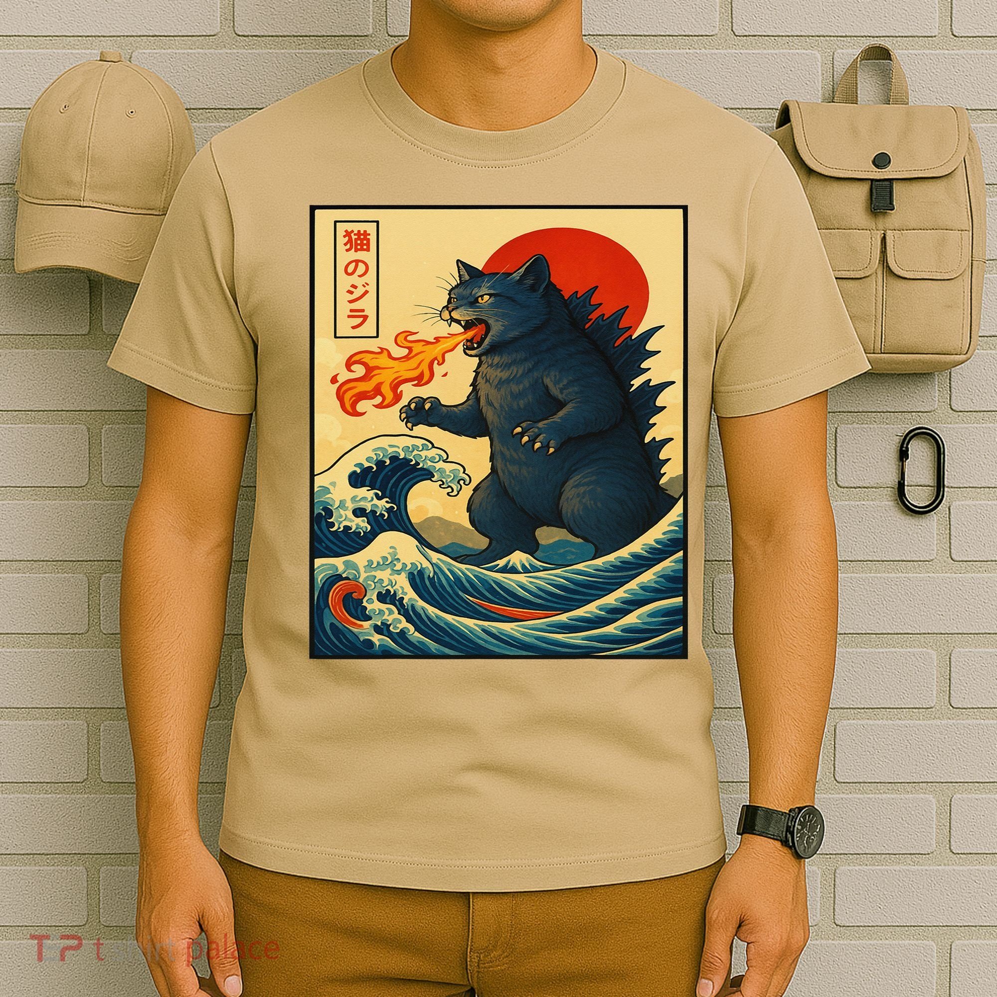 Japan Wave Catzilla Fire Cat Funny Gifts For Women T-Shirt