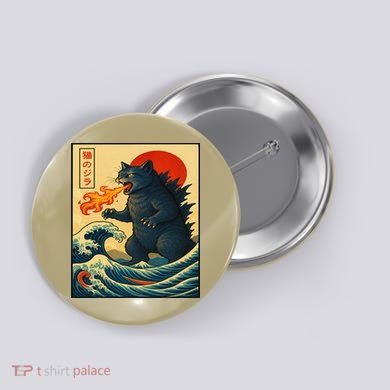 Japan Wave Catzilla Fire Cat Funny Gifts For Women Button