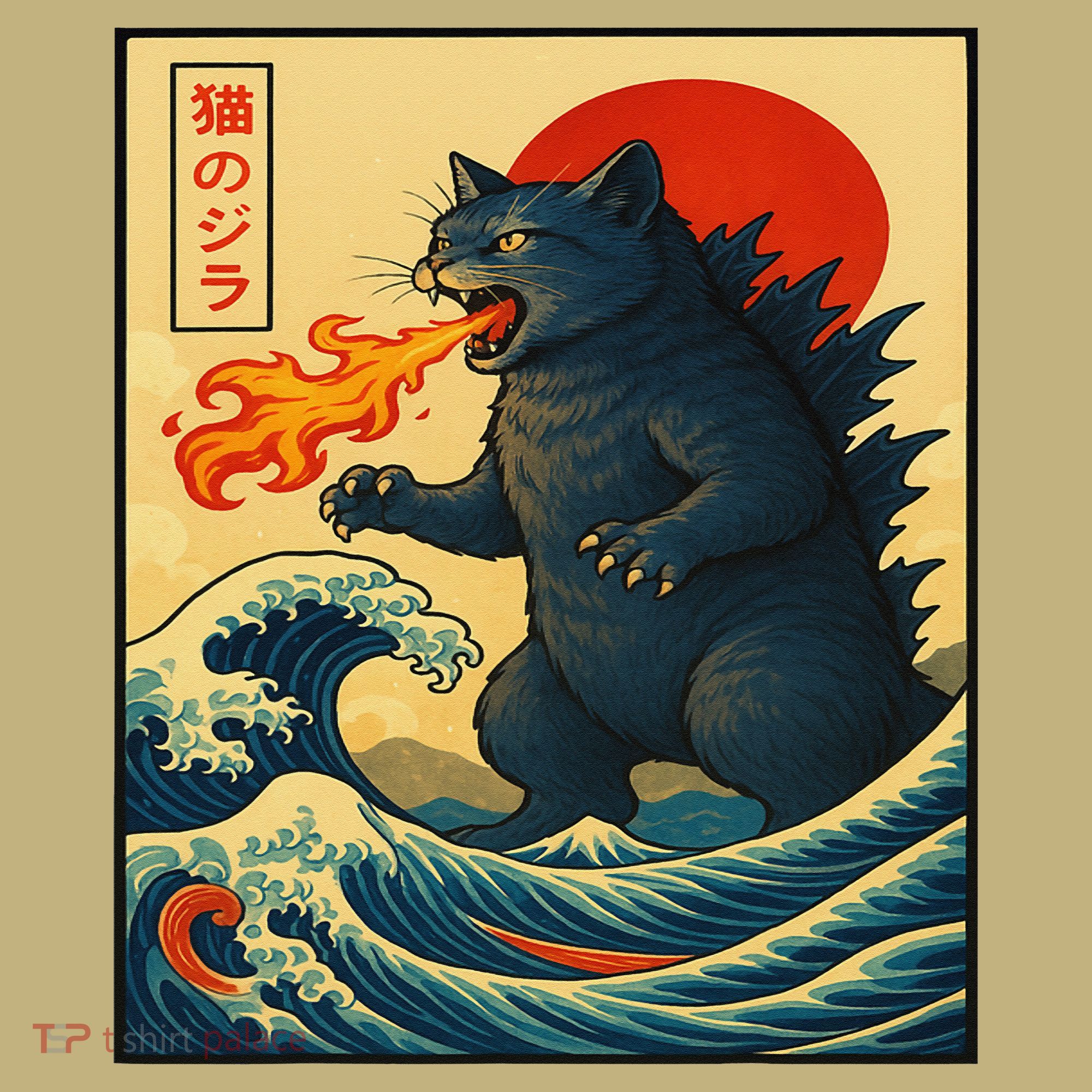Japan Wave Catzilla Fire Cat Funny Gifts For Women Polo
