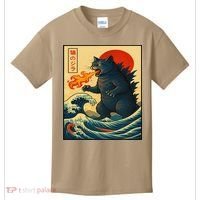 Japan Wave Catzilla Fire Cat Funny Gifts For Women Kids T-Shirt thumb 0