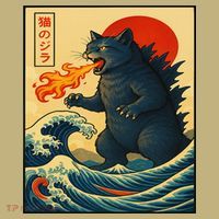 Japan Wave Catzilla Fire Cat Funny Gifts For Women Kids T-Shirt thumb 2