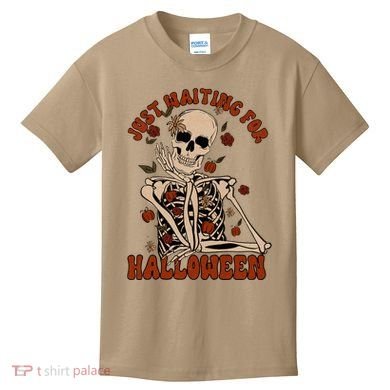 Just Waiting For Halloween Skeleton Fall Spooky Kids T-Shirt