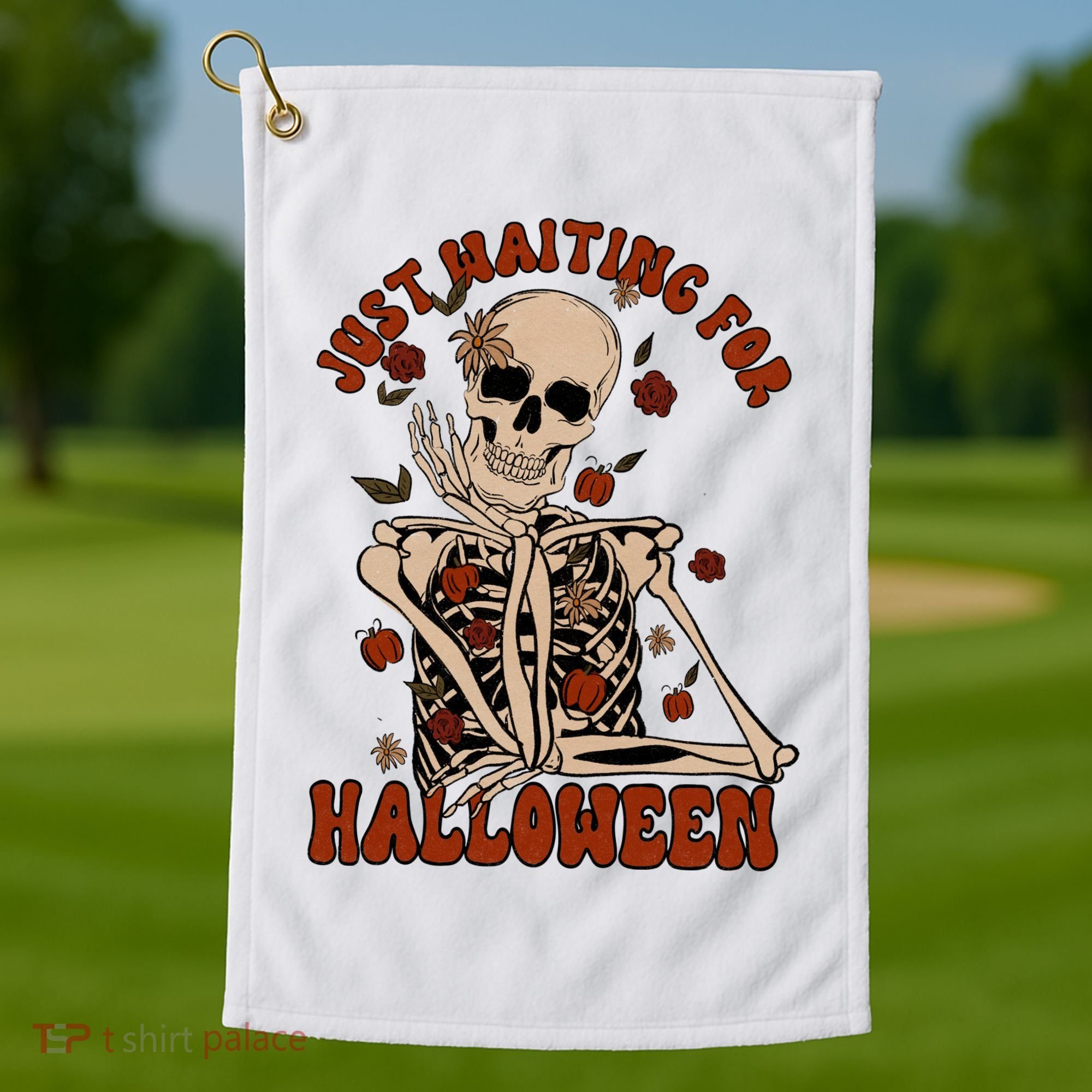 Just Waiting For Halloween Skeleton Fall Spooky Golf Towel