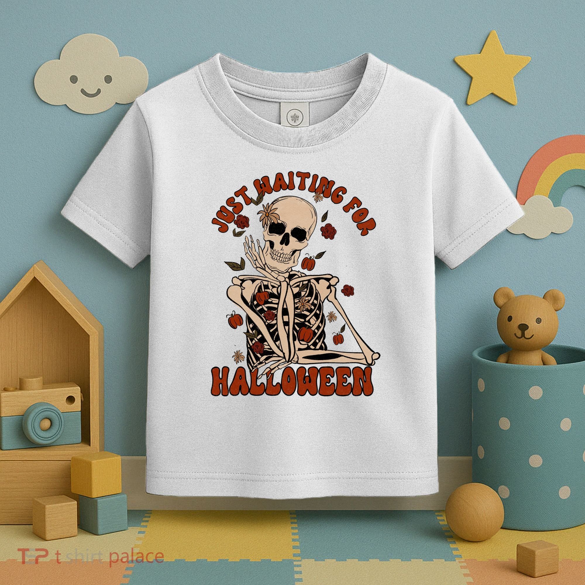 Just Waiting For Halloween Skeleton Fall Spooky Toddler T-Shirt