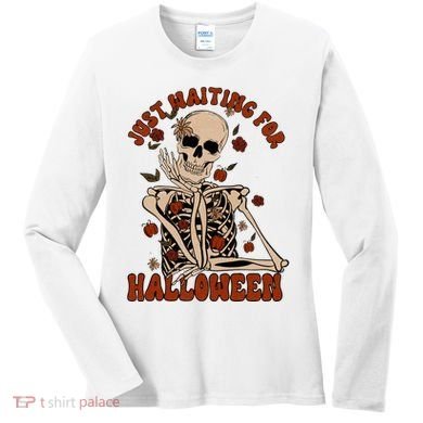 Just Waiting For Halloween Skeleton Fall Spooky Women's Long Sleeve Shirt