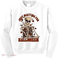 Just Waiting For Halloween Skeleton Fall Spooky Kids Sweatshirt thumb 0