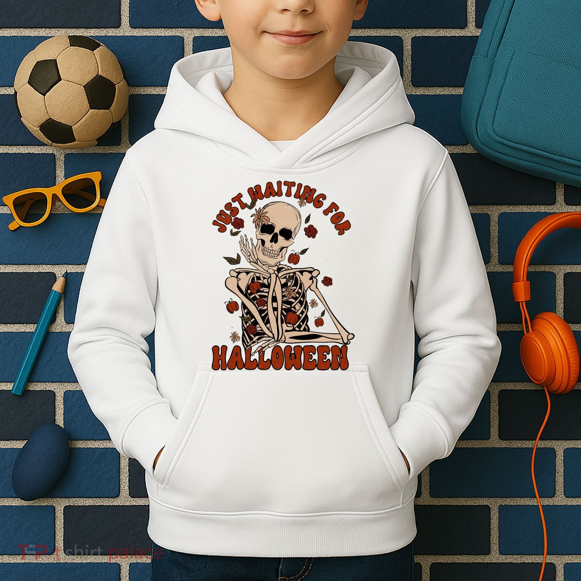 Just Waiting For Halloween Skeleton Fall Spooky Kids Hoodie