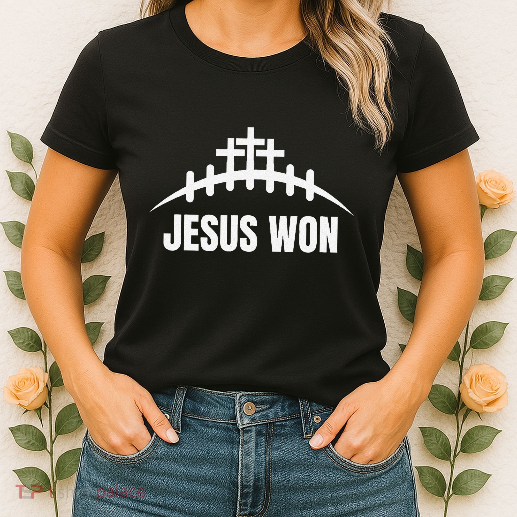 Jesus Won Football Crosses Salvation Testimony Christian Women's T-Shirt