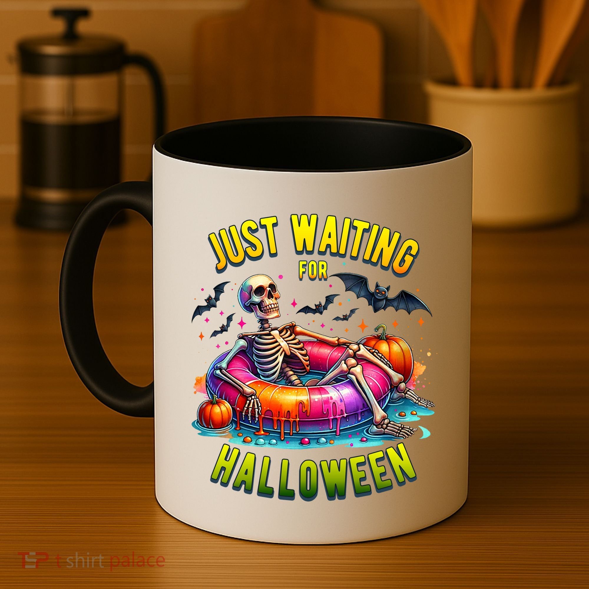 Just Waiting For Halloween Spooky Skeleton Summer Funny Coffee Mug