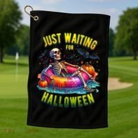 Just Waiting For Halloween Spooky Skeleton Summer Funny Golf Towel thumb 1