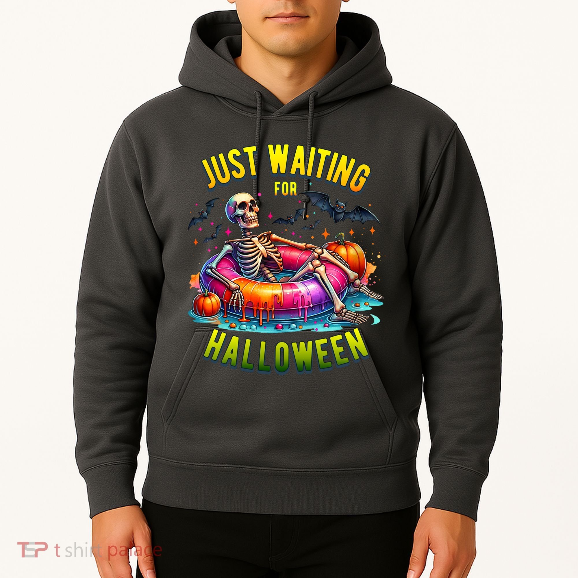 Just Waiting For Halloween Spooky Skeleton Summer Funny Hoodie