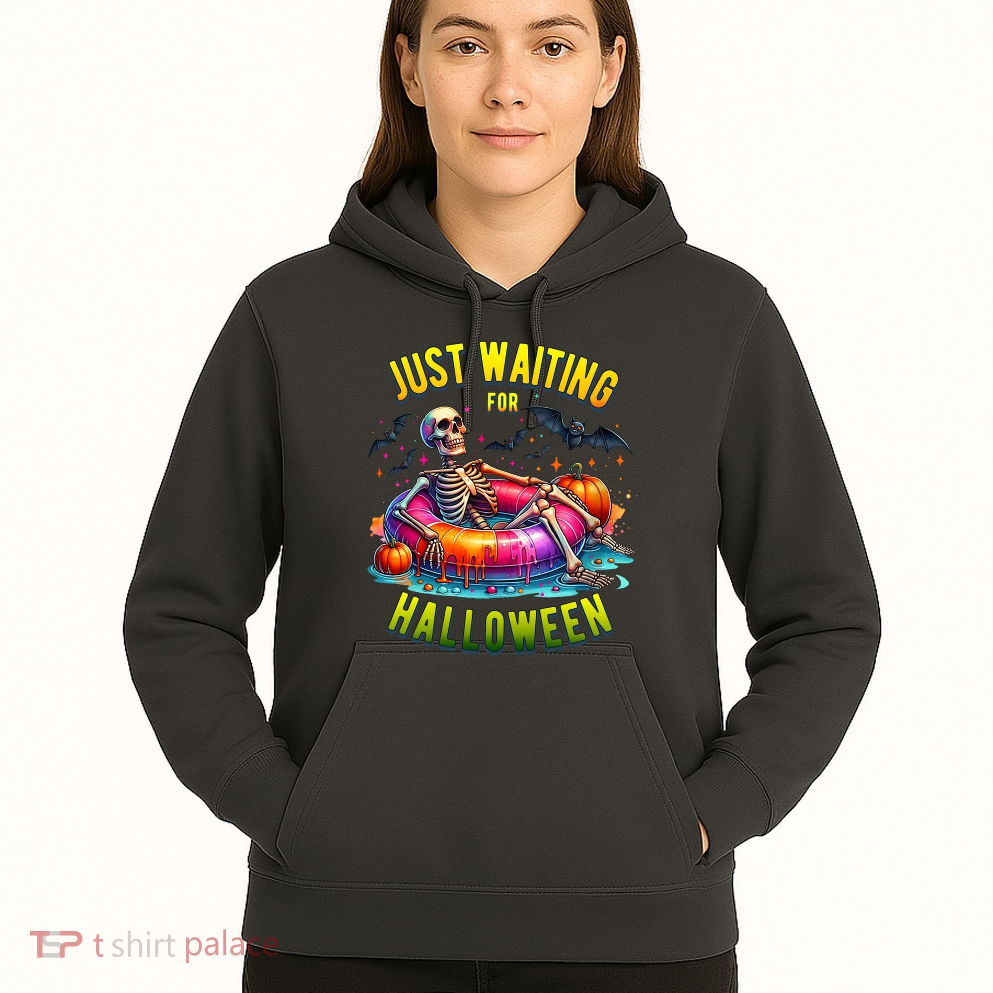 Just Waiting For Halloween Spooky Skeleton Summer Funny Hoodie